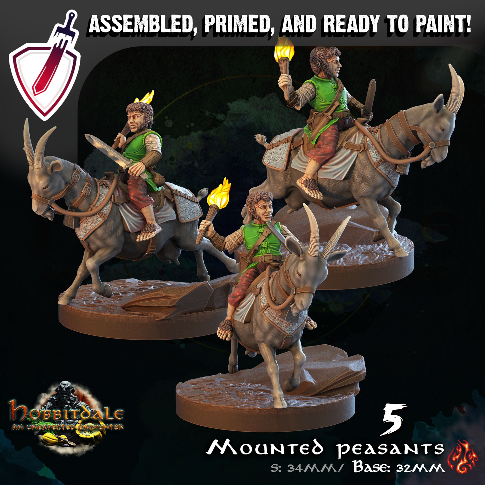 Mounted Halfling Peasants | Miniature By Crippled God Foundry | For Tabletop Gaming, D&D, Pathfinder, And Painting | Assembled And Primed - Brush and Battle