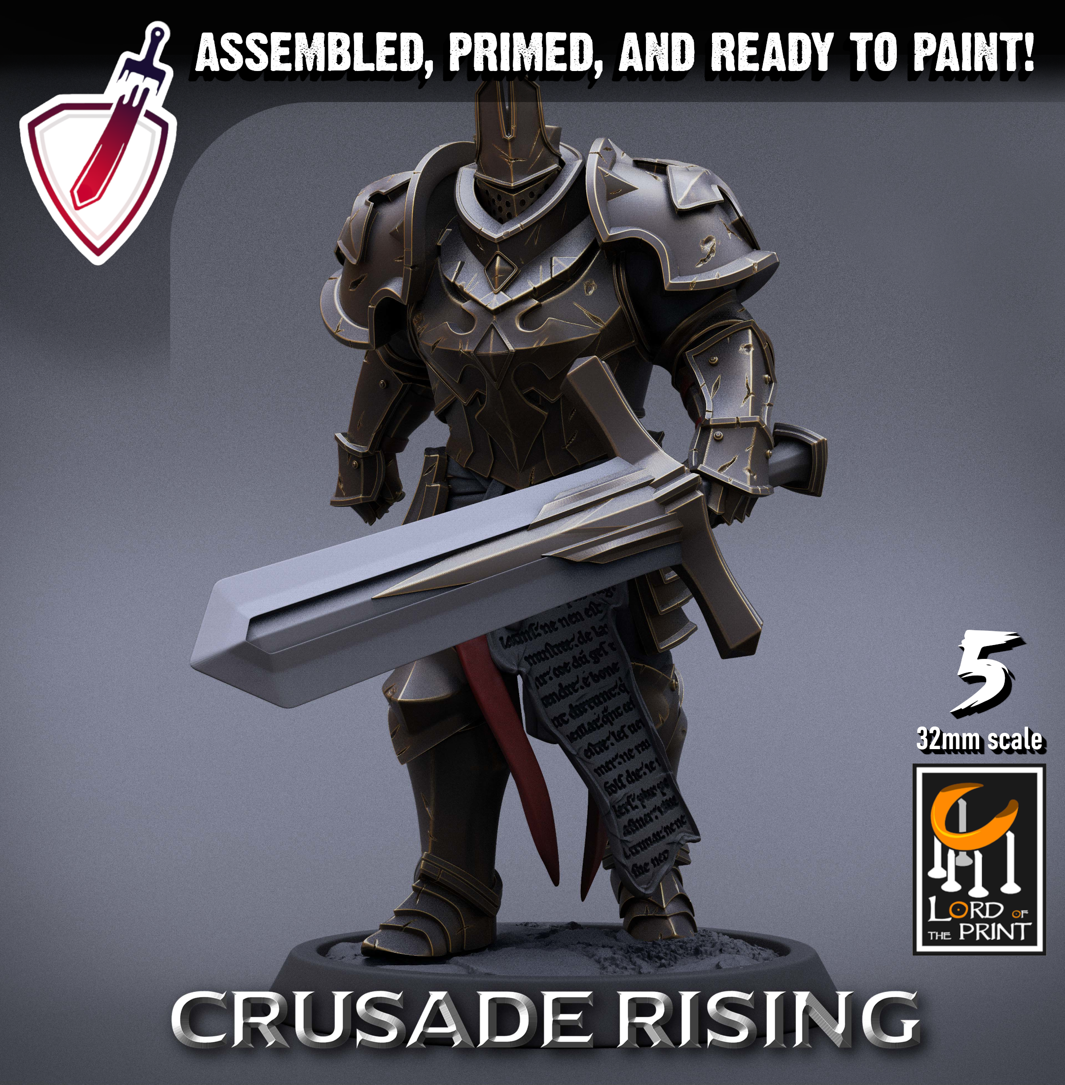 Templar Infantry - Sword | Miniatures By Lord Of The Print | For Tabletop Gaming, D&D, Pathfinder, Painting | Assembled + Primed - Brush and Battle