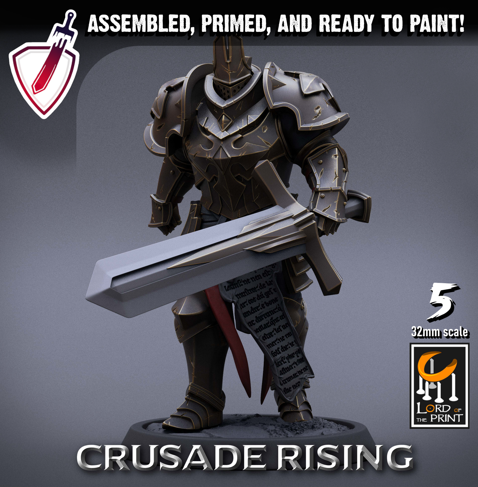 Templar Infantry - Sword | Miniatures By Lord Of The Print | For Tabletop Gaming, D&D, Pathfinder, Painting | Assembled + Primed - Brush and Battle