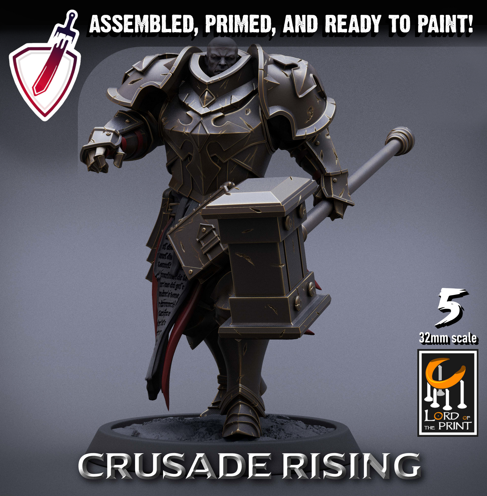 Templar Infantry - Hammer | Miniatures By Lord Of The Print | For Tabletop Gaming, D&D, Pathfinder, Painting | Assembled + Primed - Brush and Battle