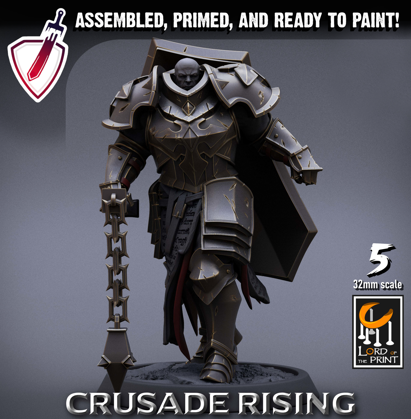 Templar Infantry - Flail | Miniatures By Lord Of The Print | For Tabletop Gaming, D&D, Pathfinder, Painting | Assembled + Primed - Brush and Battle