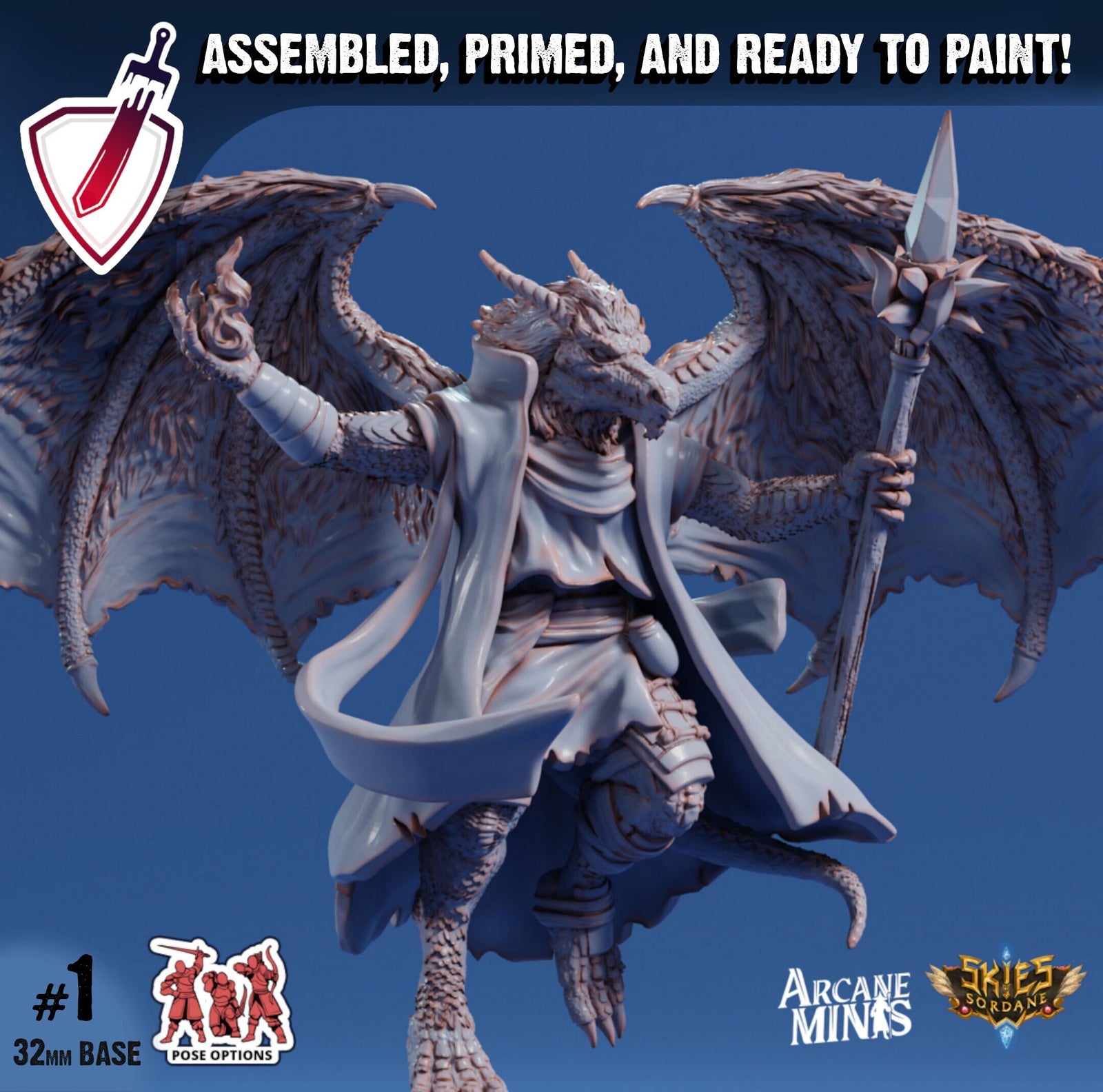 Young Drekon Seer | Miniatures by Arcane Minis | Great for Tabletop Gaming, D&D, Pathfinder, and Painting | Assembled and Primed - Brush and Battle
