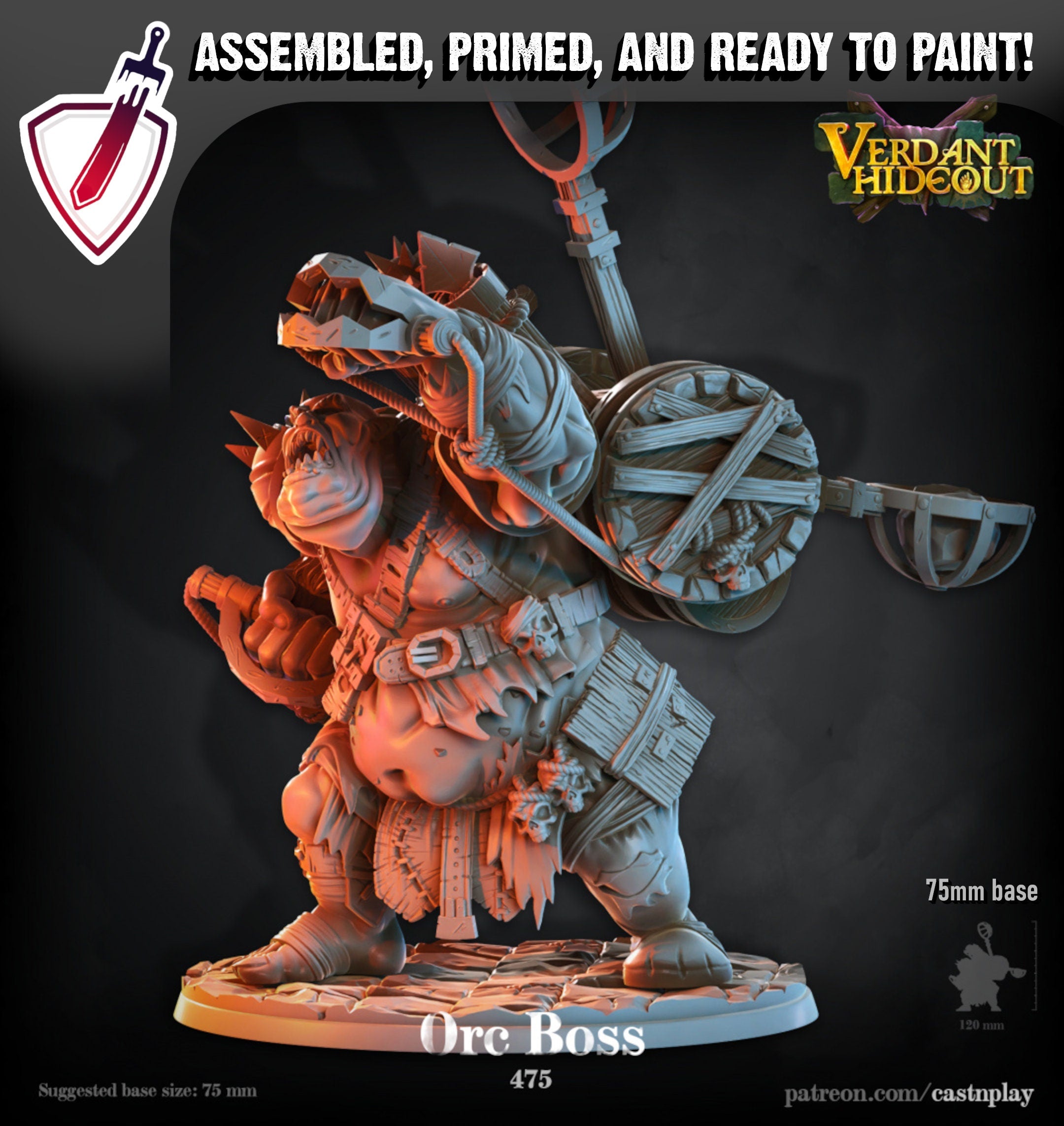 Orc Boss | Miniature by Cast n Play | Mini for tabletop gaming, D&D, Pathfinder, and painting | Assembled and Primed - Brush and Battle