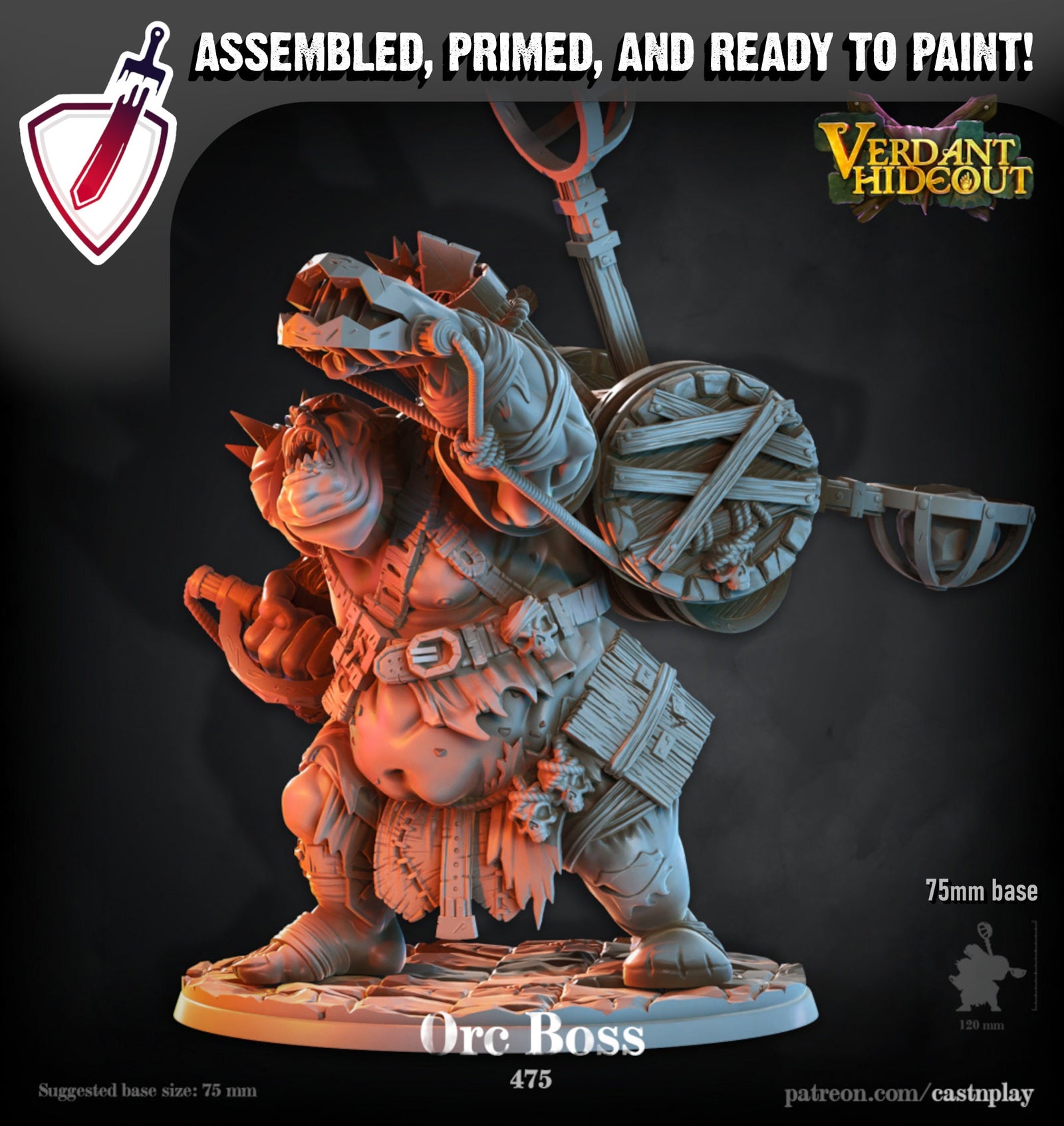 Orc Boss | Miniature by Cast n Play | Mini for tabletop gaming, D&D, Pathfinder, and painting | Assembled and Primed - Brush and Battle