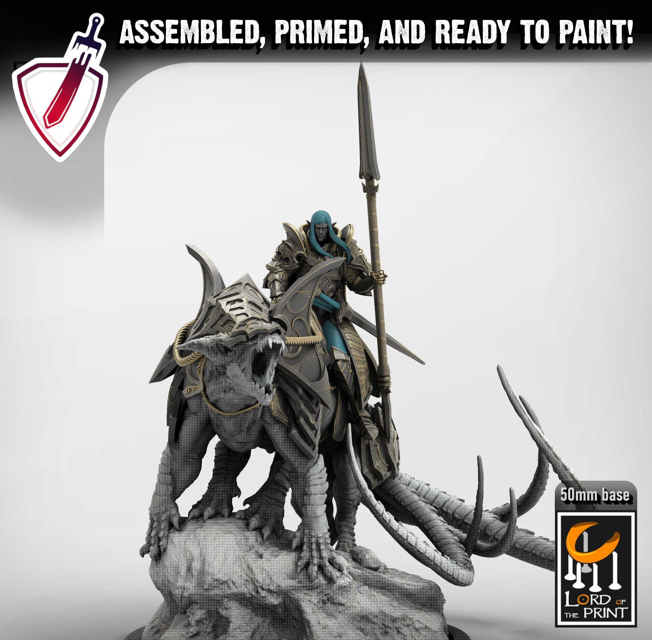 Lord Velir - Mounted | Miniature by Lord of the Print | Resin mini for tabletop gaming, D&D, Pathfinder, and painting | Assembled and Primed - Brush and Battle