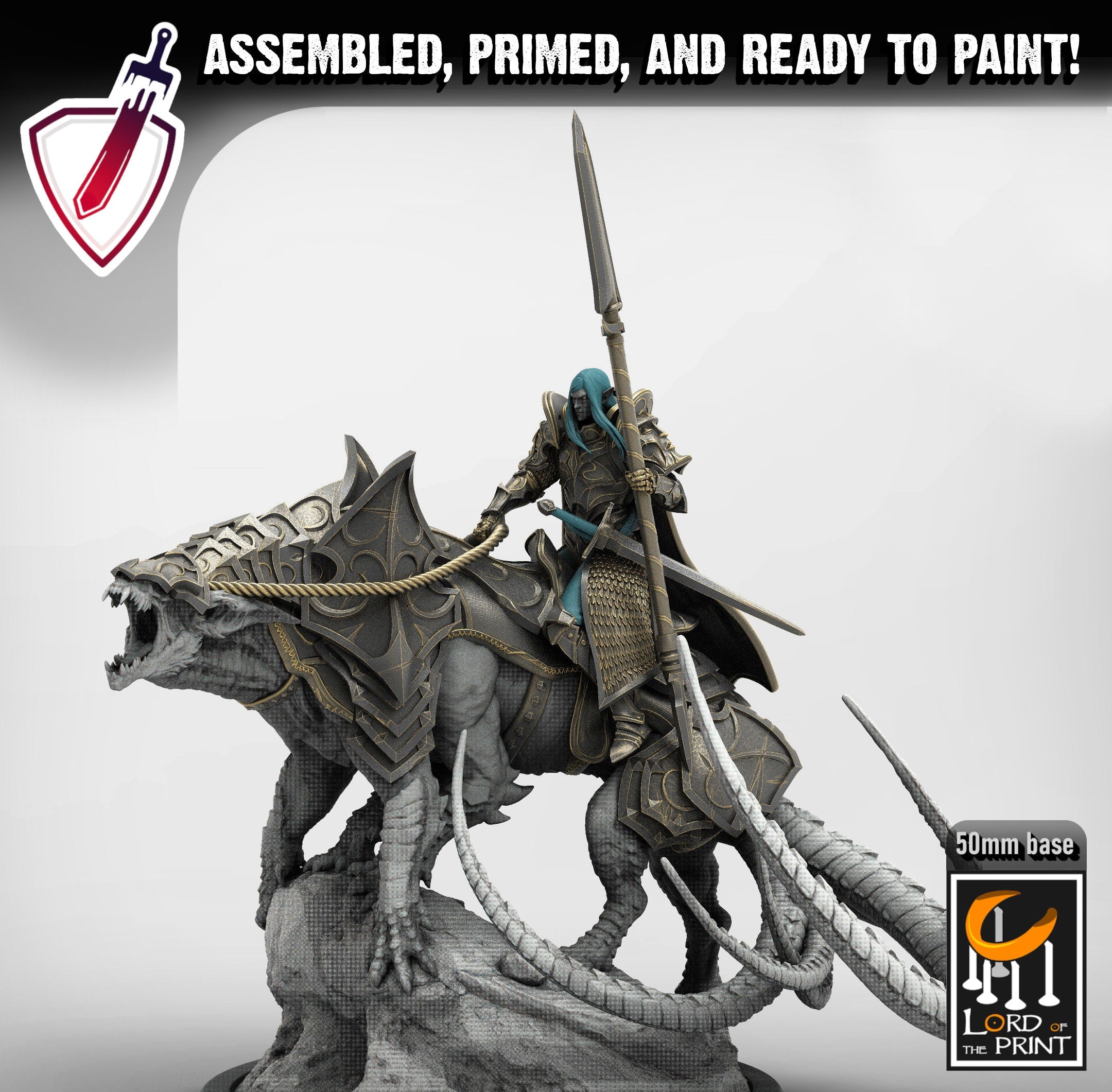 Lord Velir - Mounted | Miniature by Lord of the Print | Resin mini for tabletop gaming, D&D, Pathfinder, and painting | Assembled and Primed - Brush and Battle