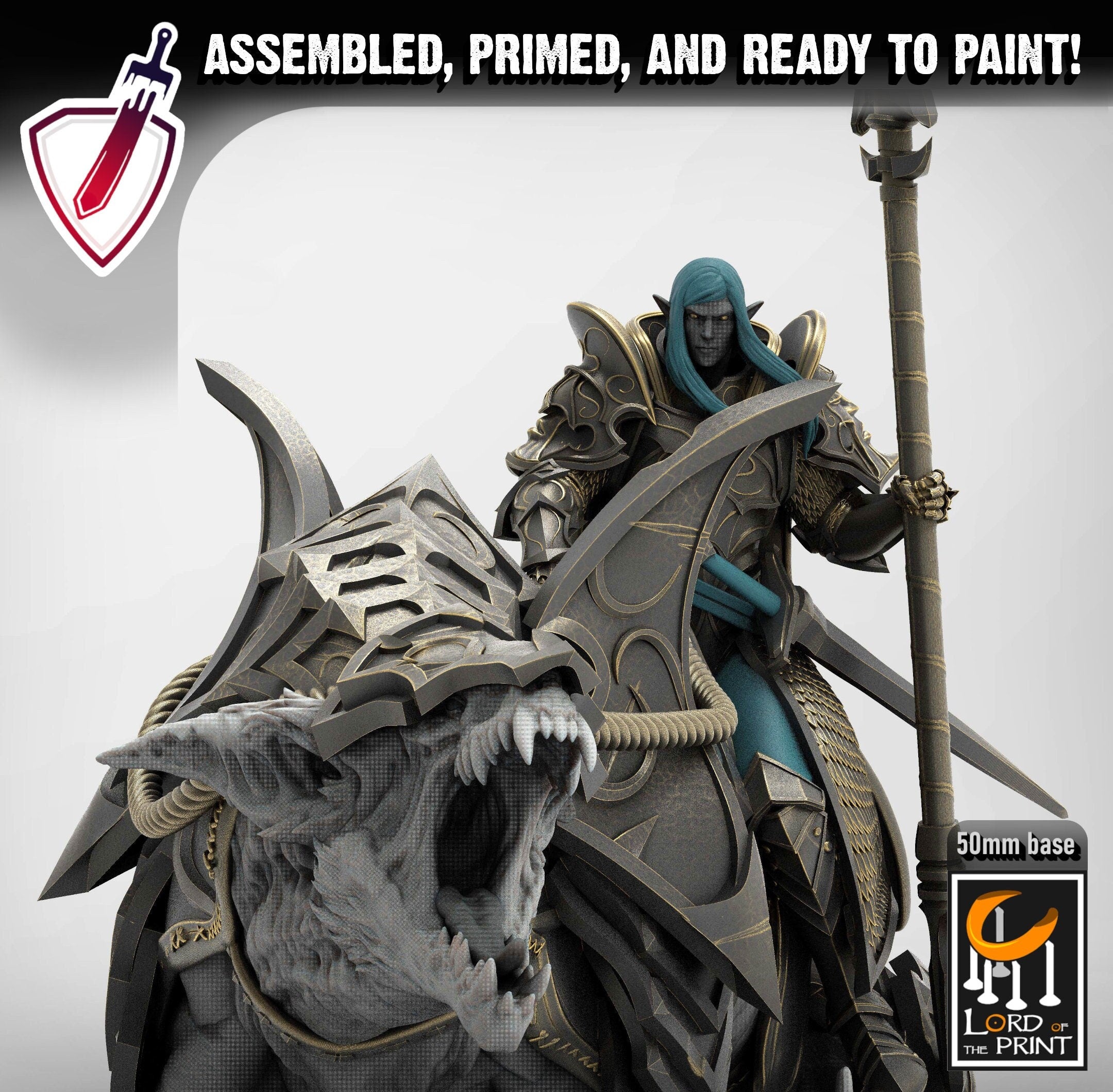 Lord Velir - Mounted | Miniature by Lord of the Print | Resin mini for tabletop gaming, D&D, Pathfinder, and painting | Assembled and Primed - Brush and Battle
