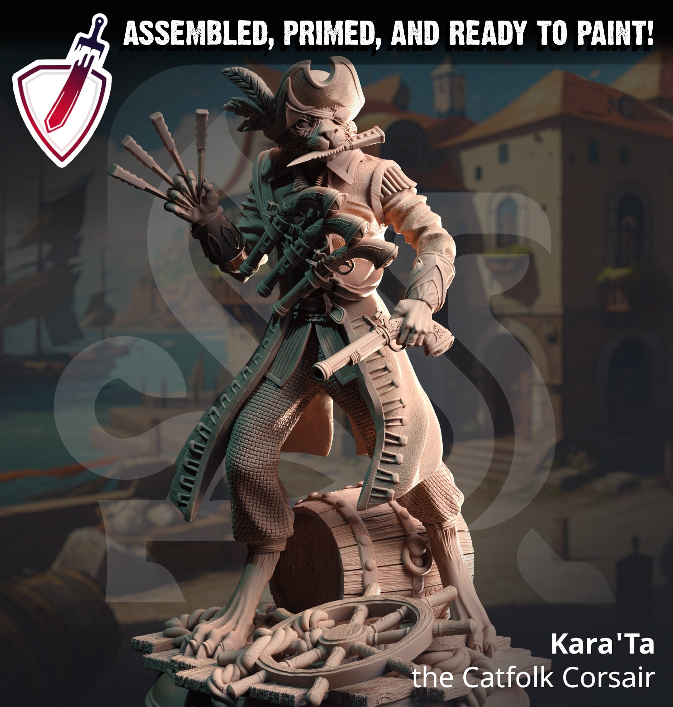 Kara’Ta – The Catfolk Corsair | Miniature by DM Stash | Great for Tabletop Gaming, D&D, Pathfinder, and Painting | Assembled and Primed - Brush and Battle