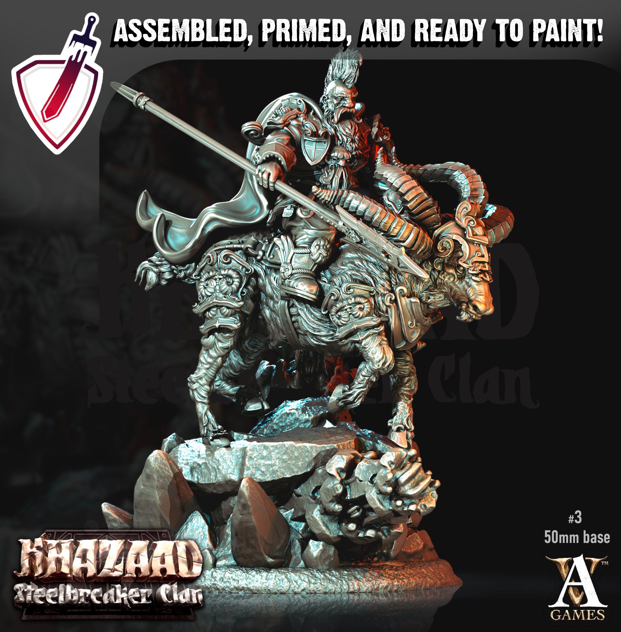 Steelbreaker Warrior Ram Riders | By Archvillain Games | Mini for tabletop gaming, D&D, Pathfinder, and painting | Assembled and Primed - Brush and Battle
