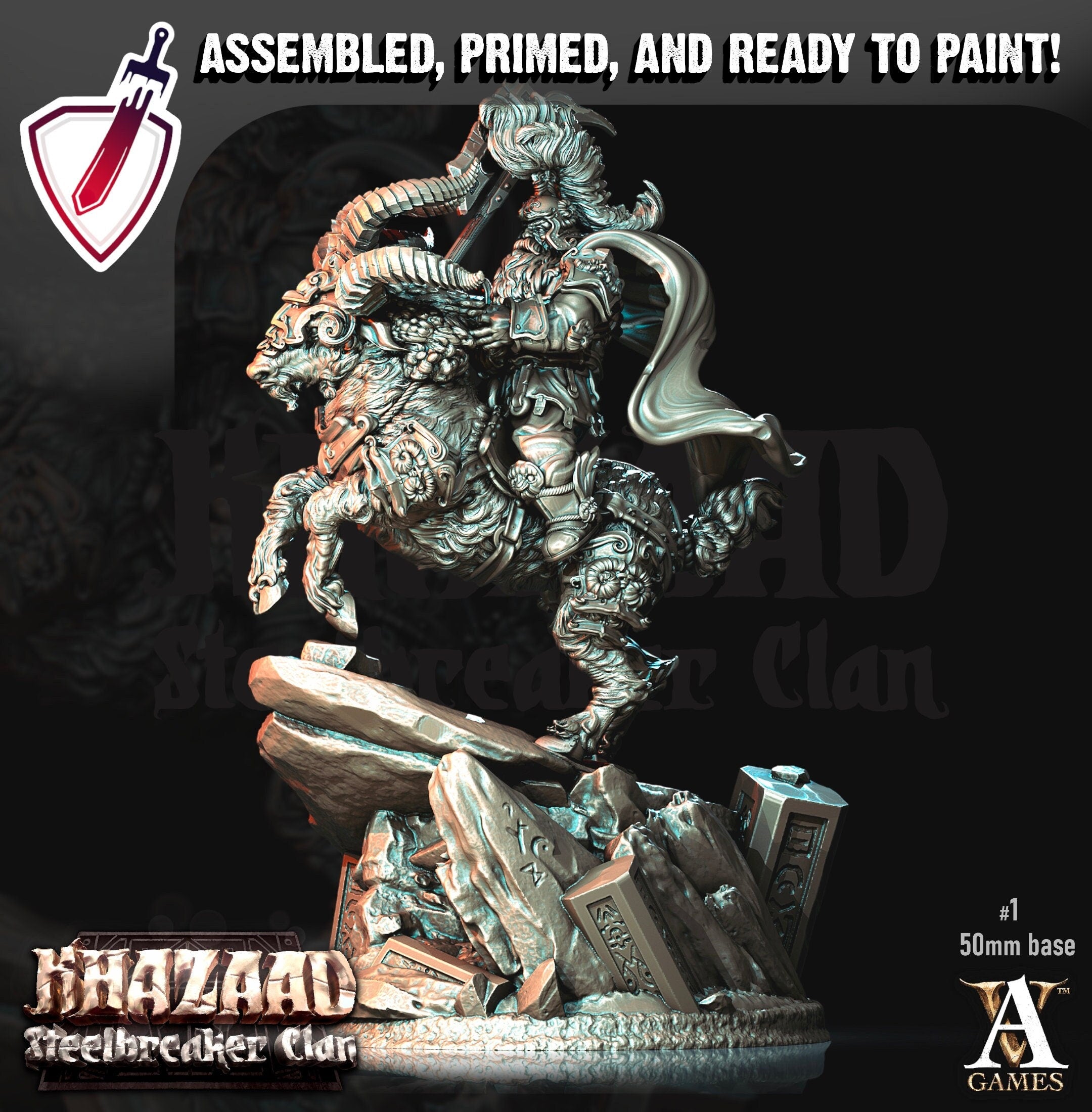 Steelbreaker Warrior Ram Riders | By Archvillain Games | Mini for tabletop gaming, D&D, Pathfinder, and painting | Assembled and Primed - Brush and Battle