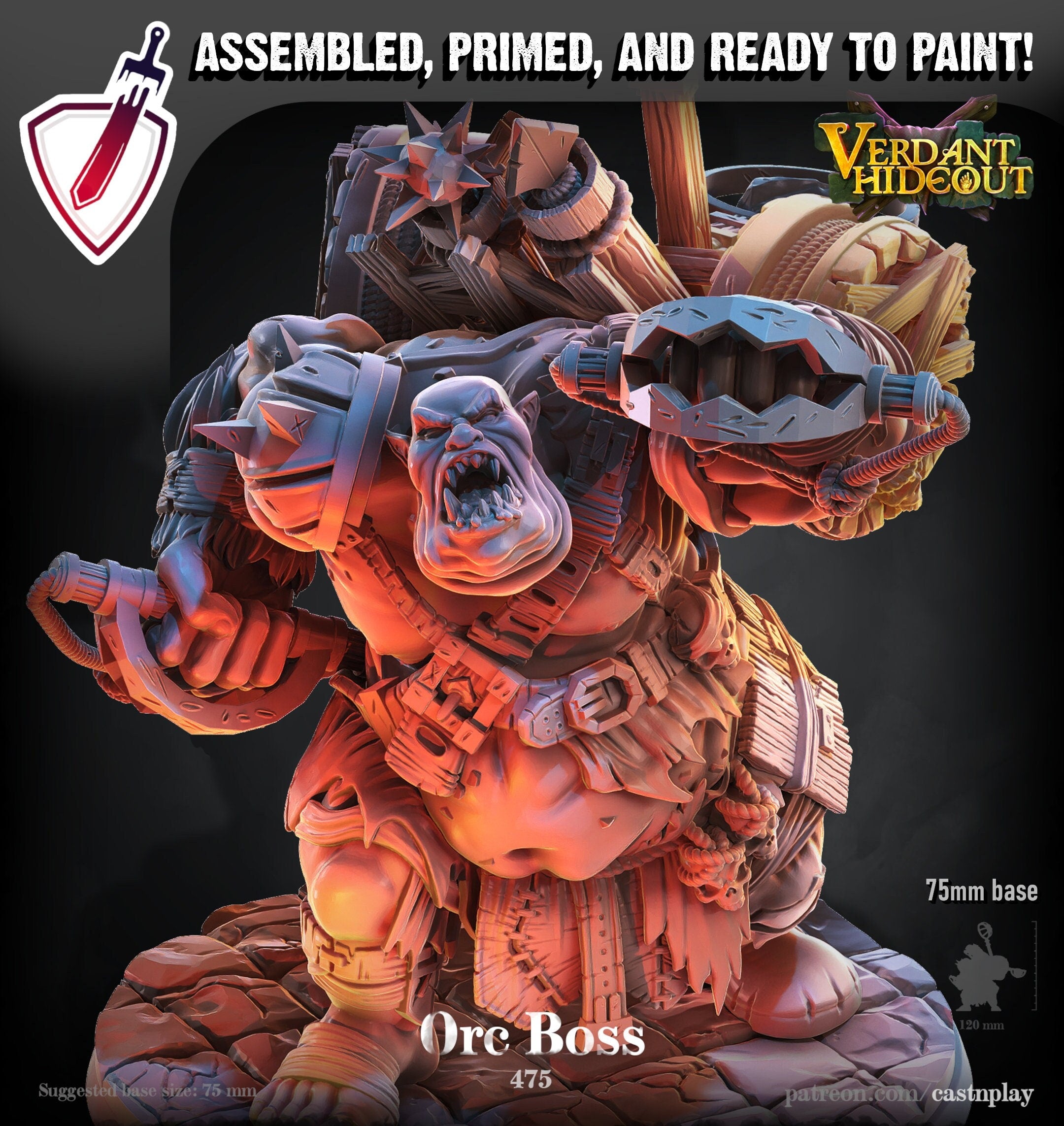 Orc Boss | Miniature by Cast n Play | Mini for tabletop gaming, D&D, Pathfinder, and painting | Assembled and Primed - Brush and Battle