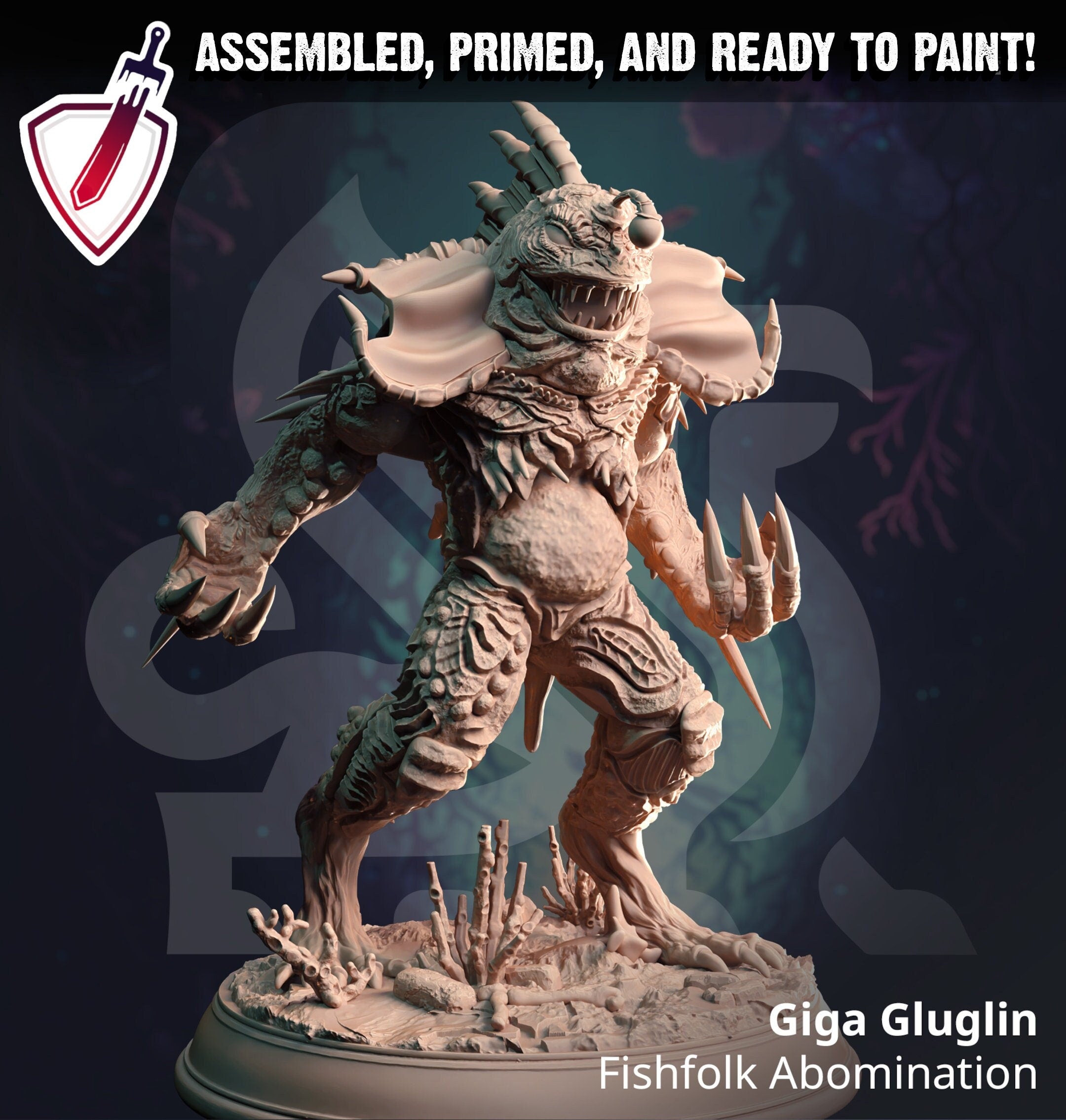 Giga Gluglin Fishfolk Abomination | Miniature by DM Stash | Great for Tabletop Gaming, D&D, Pathfinder, and Painting | Assembled and Primed - Brush and Battle