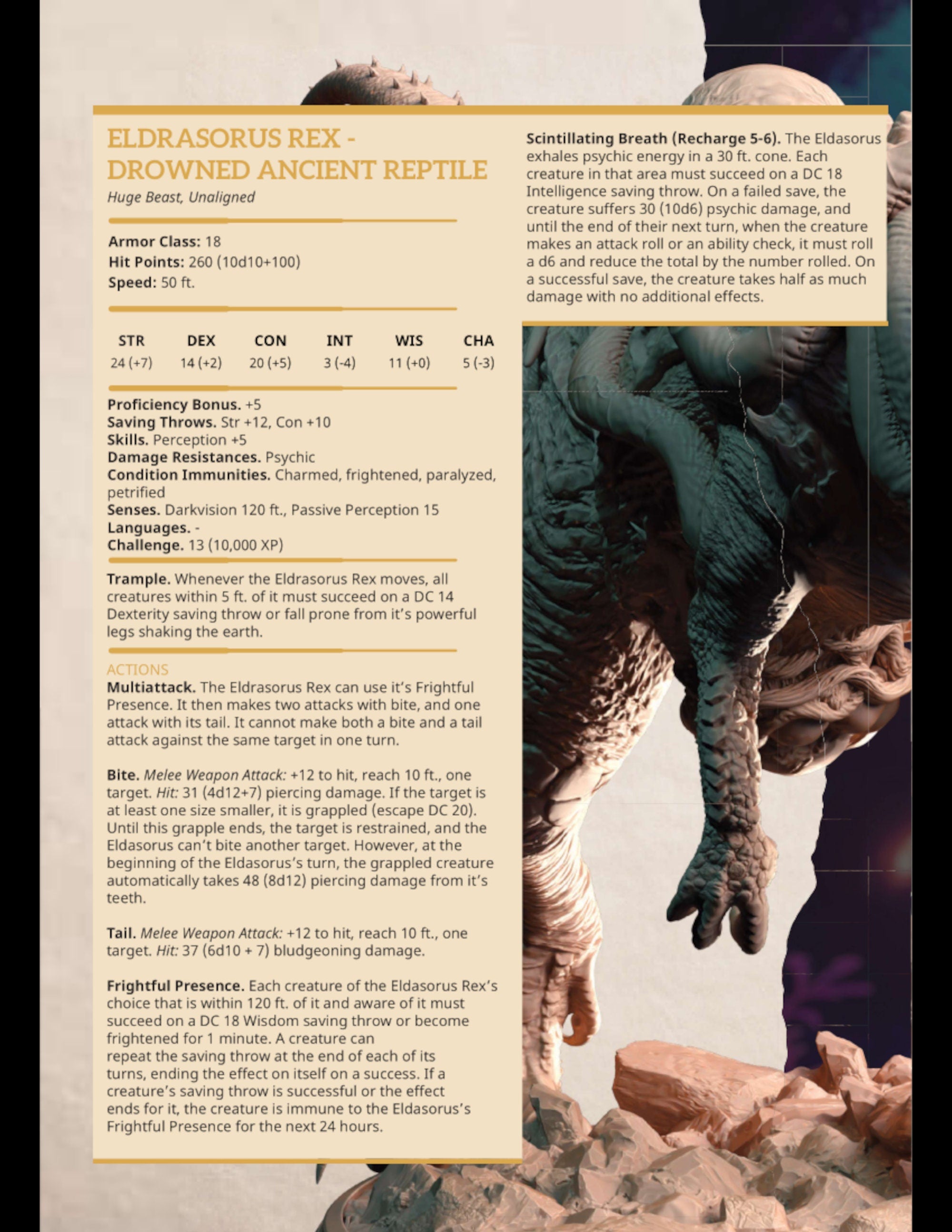 Eldrasorous Rex Drowned Ancient Reptile | Mini by DM Stash | Great for Tabletop Gaming, D&D, Pathfinder, and Painting | Assembled and Primed - Brush and Battle