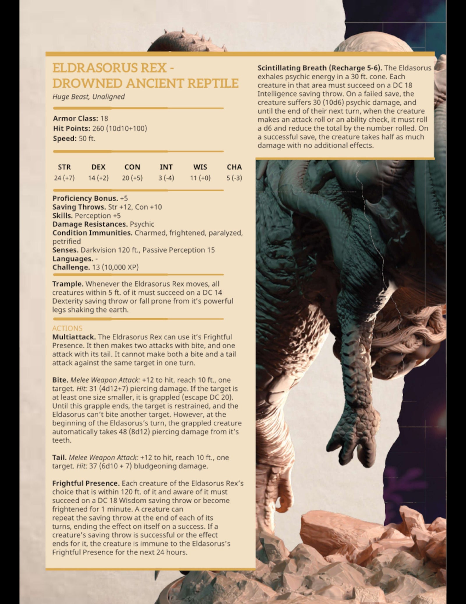 Eldrasorous Rex Drowned Ancient Reptile | Mini by DM Stash | Great for Tabletop Gaming, D&D, Pathfinder, and Painting | Assembled and Primed - Brush and Battle