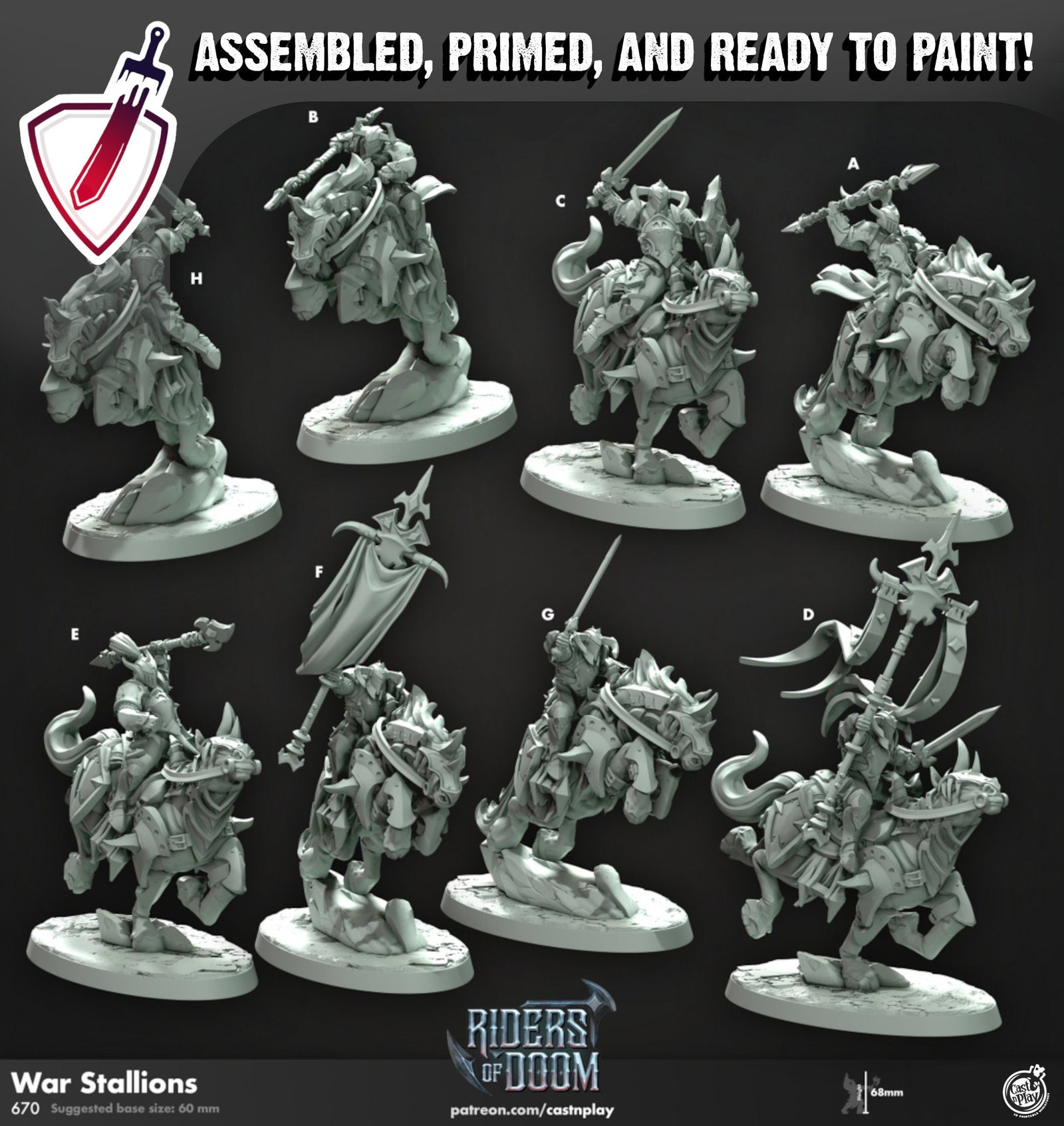 War Stallions | Miniatures by Cast n Play | Mini for tabletop gaming, D&D, Pathfinder, and painting | Assembled and Primed - Brush and Battle