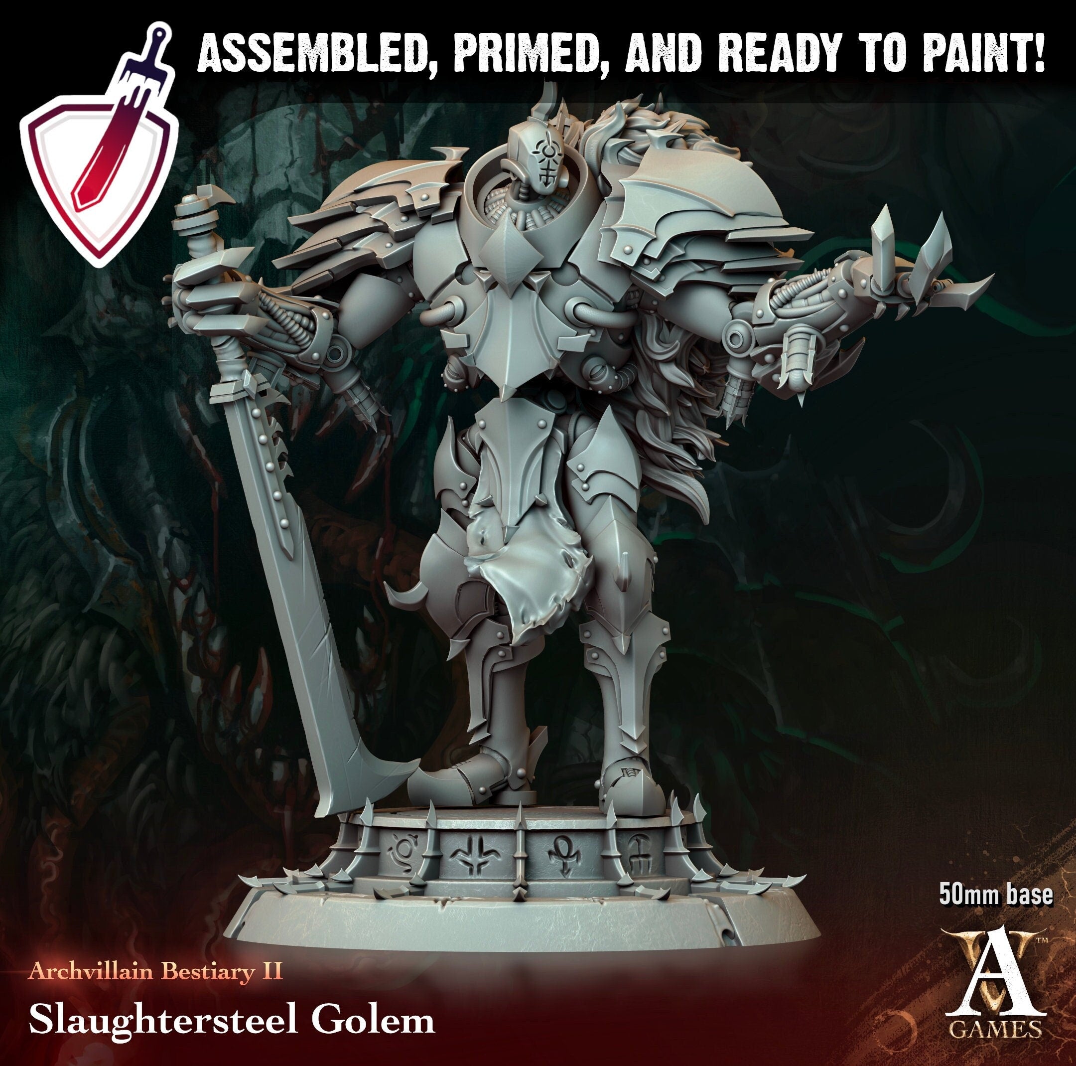 Slaughtersteel Golem | Miniature by Archvillain Games | Resin Mini for Tabletop Gaming, D&D, Pathfinder, and Painting | Assembled and Primed - Brush and Battle