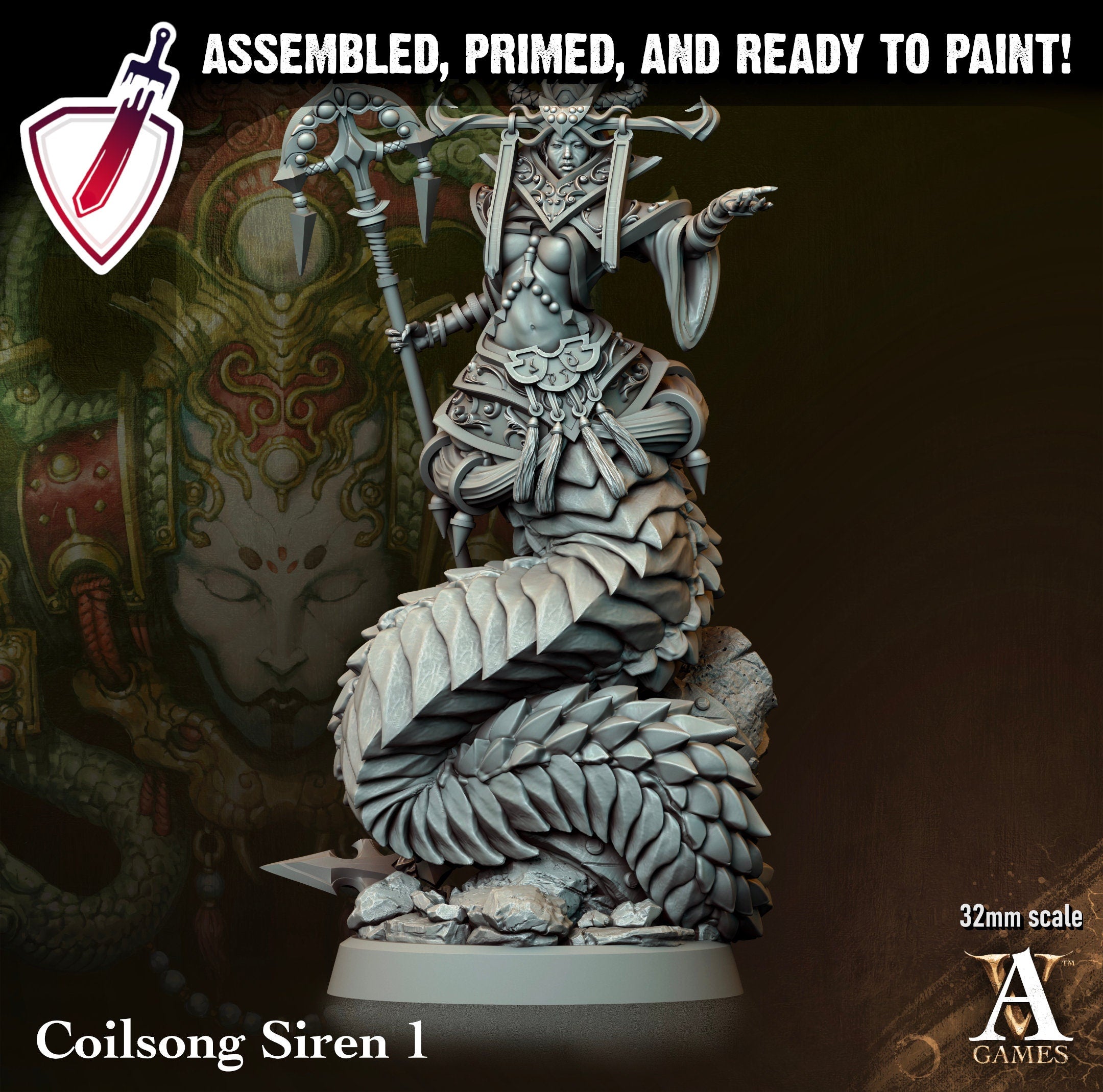 Coilsong Siren | Miniatures by Archvillain Games | Resin Mini for Tabletop Gaming, D&D, Pathfinder, and Painting | Assembled and Primed - Brush and Battle
