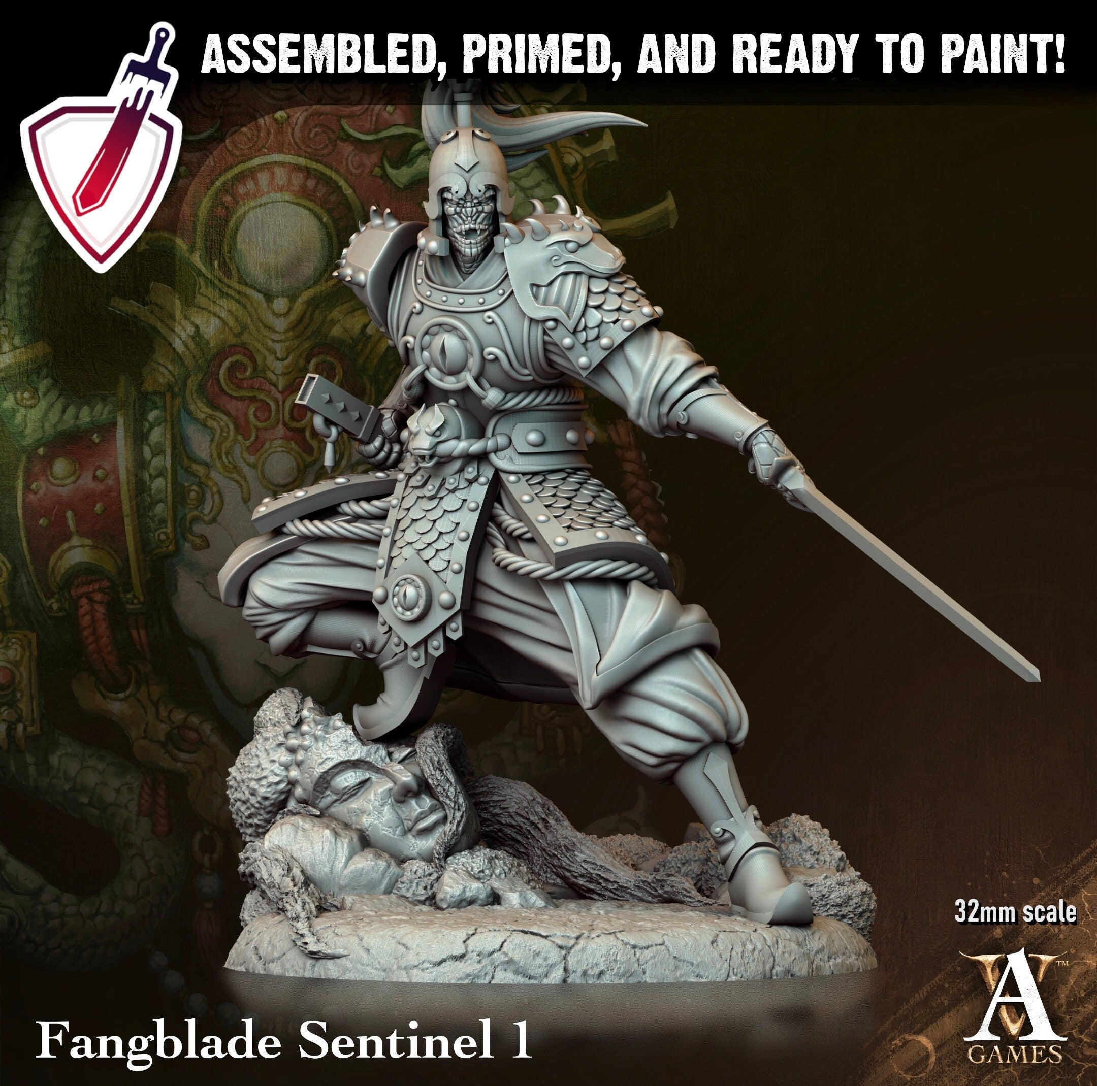 Fangblade Sentinel | Miniatures by Archvillain Games | Resin Mini for Tabletop Gaming, D&D, Pathfinder, and Painting | Assembled and Primed - Brush and Battle