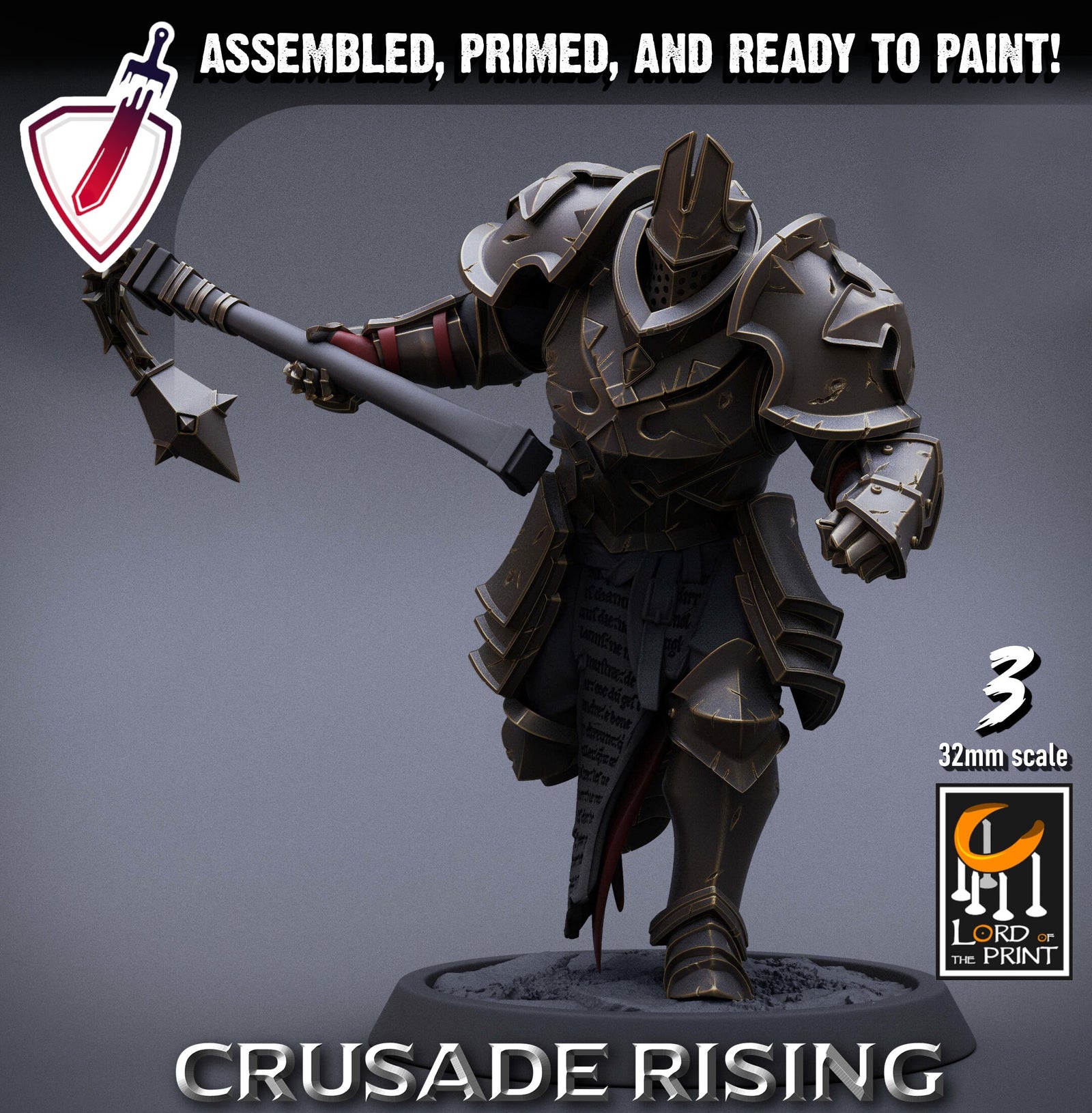 Templar Infantry - Flail | Miniatures by Lord of the Print | Resin Mini for Tabletop Gaming, D&D, Pathfinder, Painting | Assembled + Primed - Brush and Battle