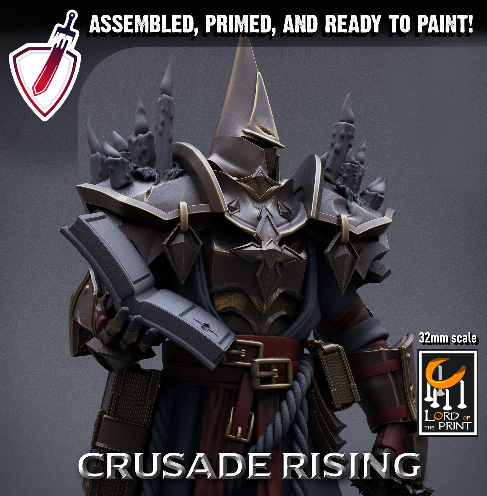 Templar Priest | Miniature by Lord of the Print | Resin Mini for Tabletop Gaming, D&D, Pathfinder, Painting | Assembled + Primed - Brush and Battle