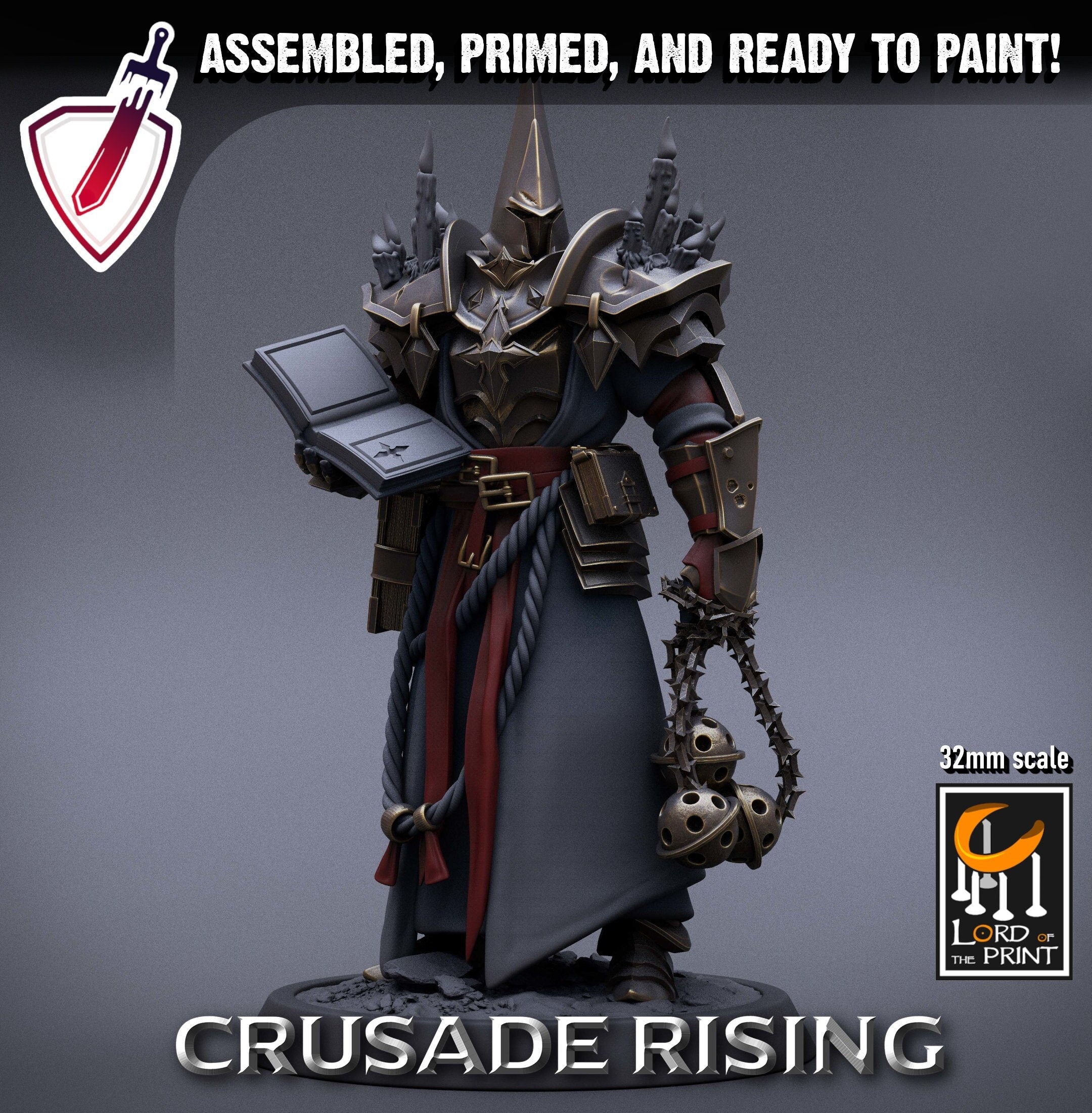 Templar Priest | Miniature by Lord of the Print | Resin Mini for Tabletop Gaming, D&D, Pathfinder, Painting | Assembled + Primed - Brush and Battle