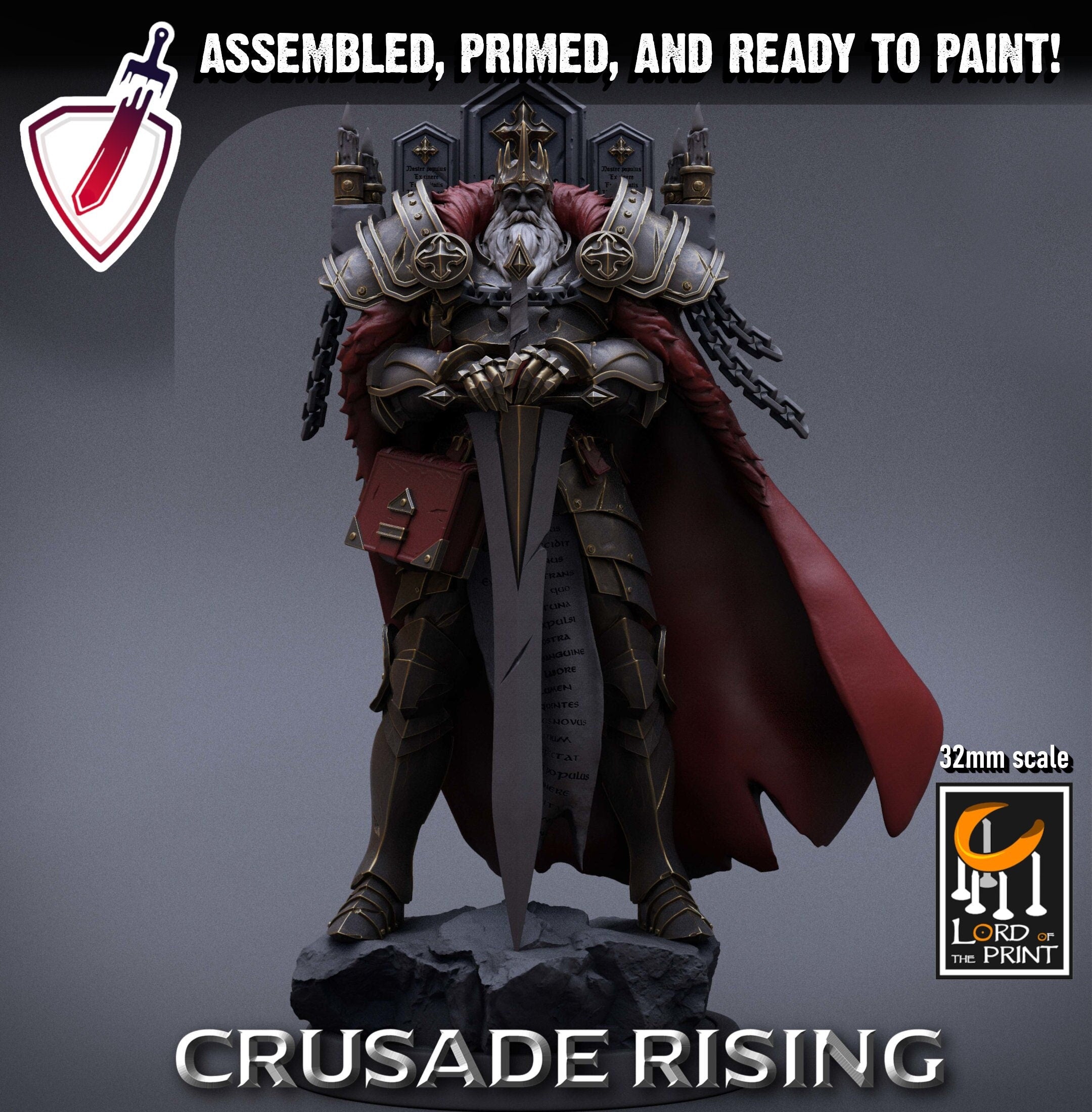 Templar King | Miniature by Lord of the Print | Resin Mini for Tabletop Gaming, D&D, Pathfinder, Painting | Assembled + Primed - Brush and Battle