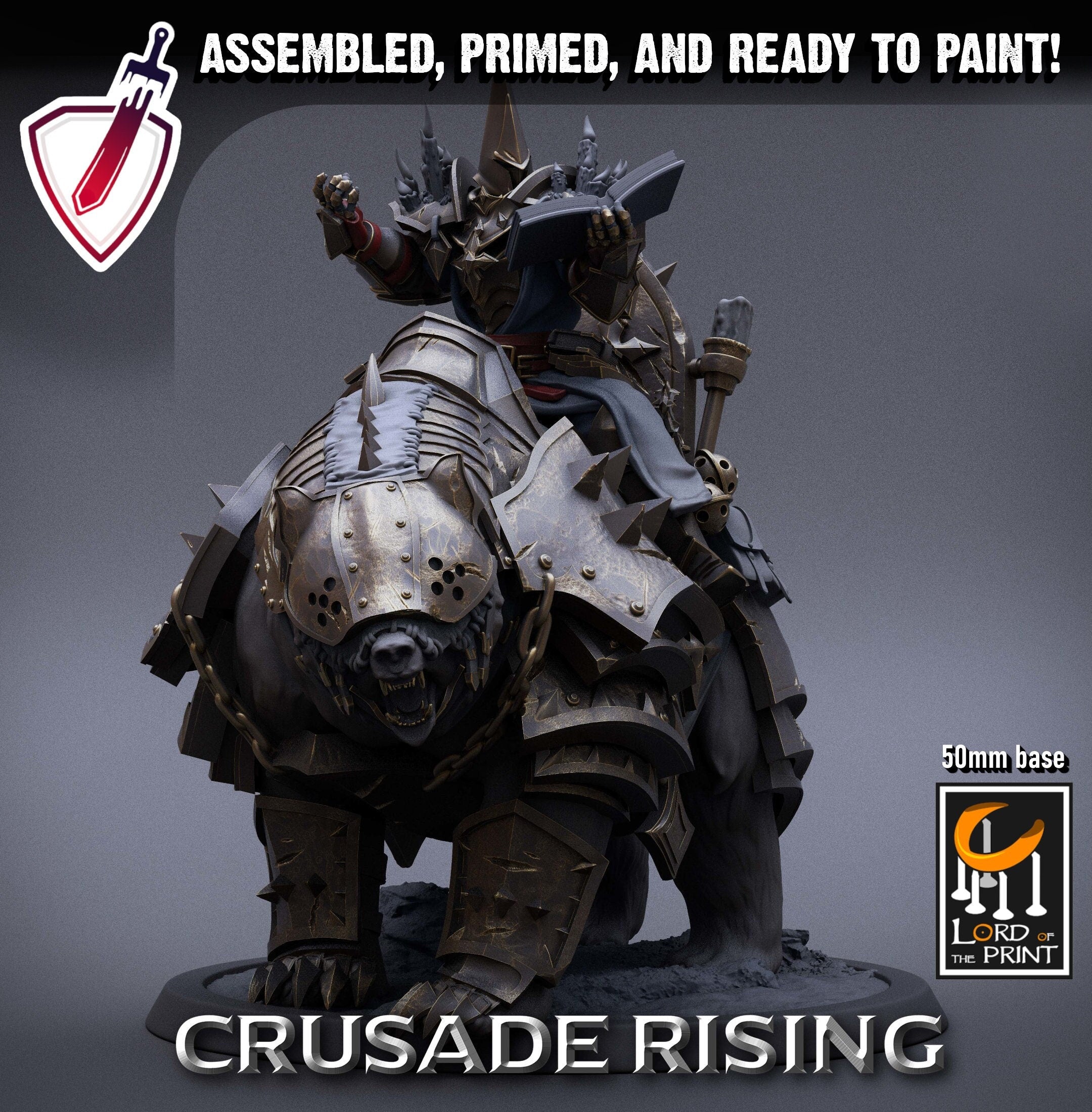 Mounted Templar Priest | Miniature by Lord of the Print | Resin Mini for Tabletop Gaming, D&D, Pathfinder, Painting | Assembled and Primed - Brush and Battle
