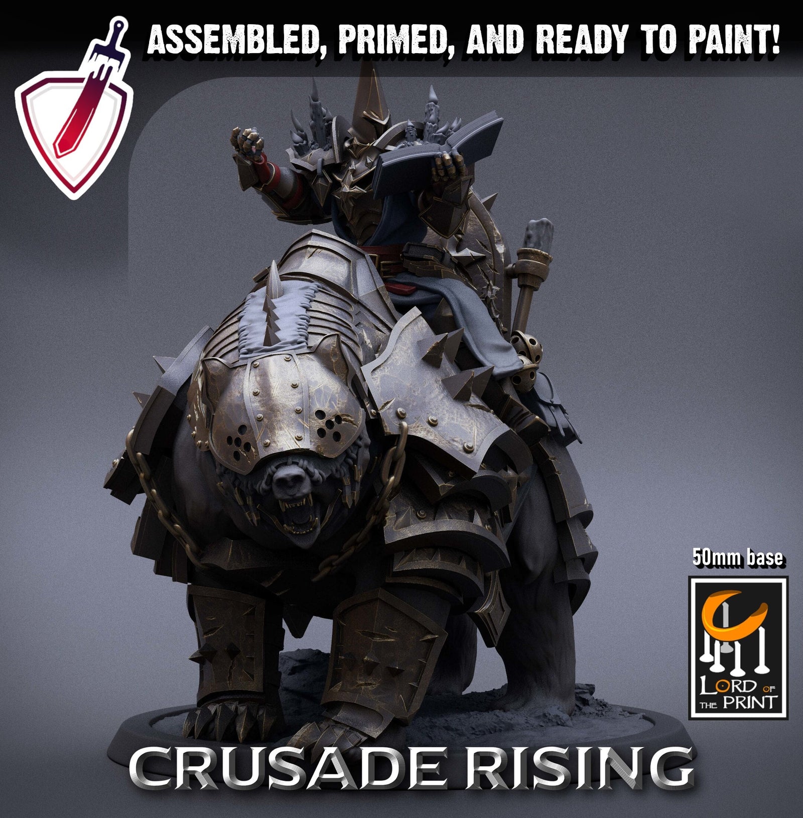 Mounted Templar Priest | Miniature by Lord of the Print | Resin Mini for Tabletop Gaming, D&D, Pathfinder, Painting | Assembled and Primed - Brush and Battle