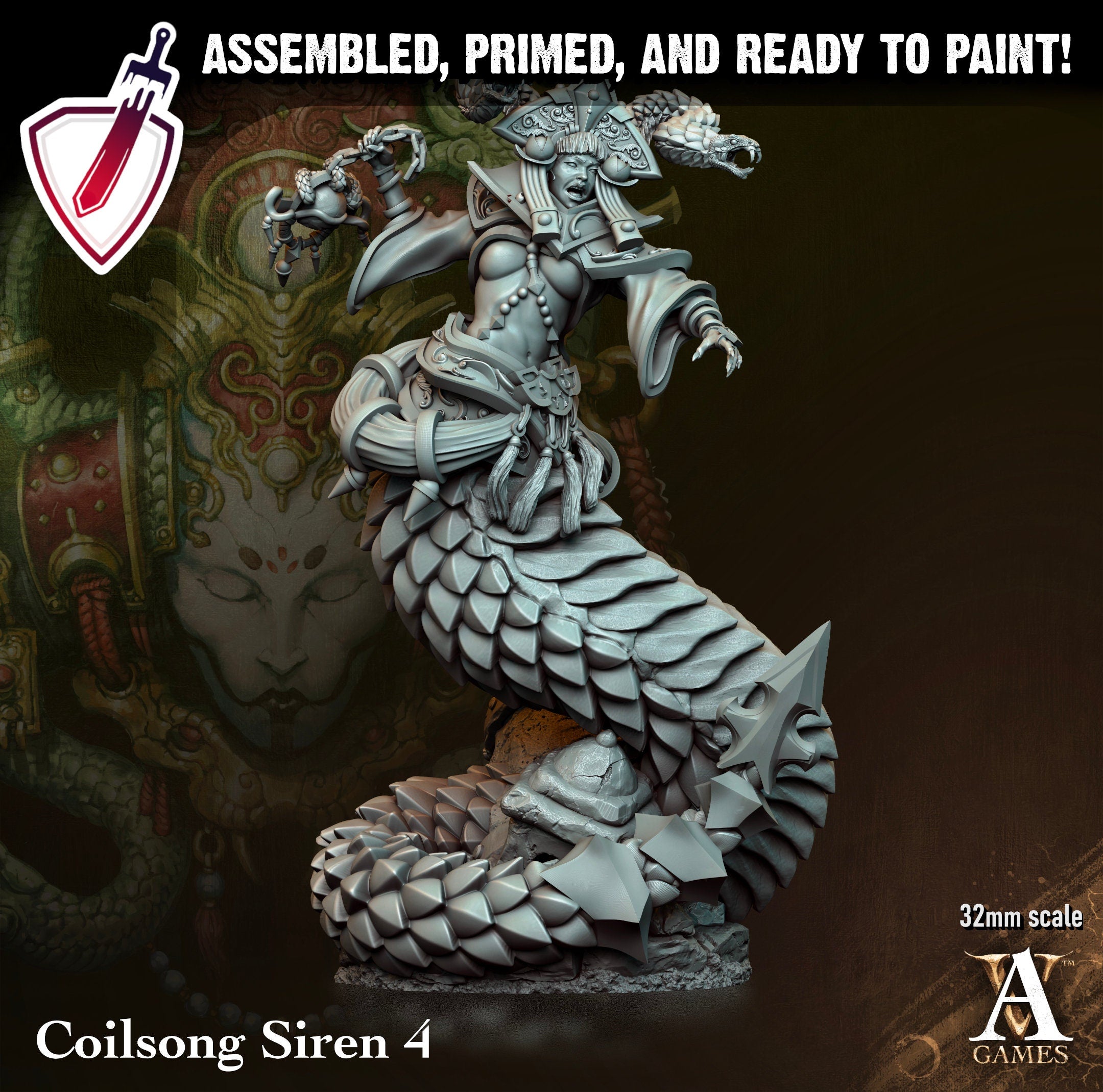 Coilsong Siren | Miniatures by Archvillain Games | Resin Mini for Tabletop Gaming, D&D, Pathfinder, and Painting | Assembled and Primed - Brush and Battle