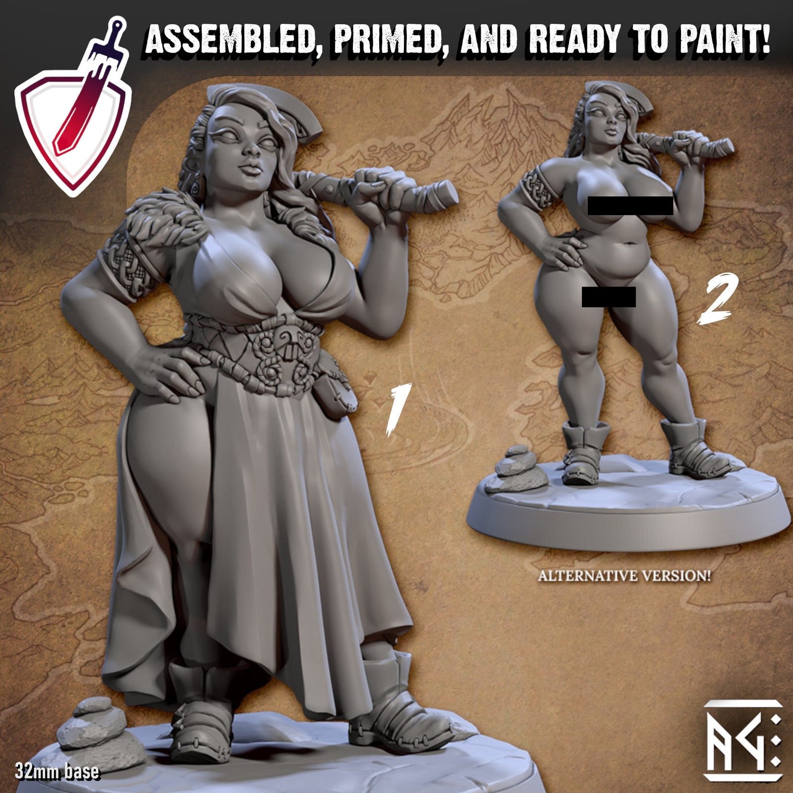 Alfhild - Northwoman Pinup | Miniature by Artisan Guild | Resin Mini for Tabletop Gaming, D&D, Pathfinder, Painting | Assembled and Primed - Brush and Battle