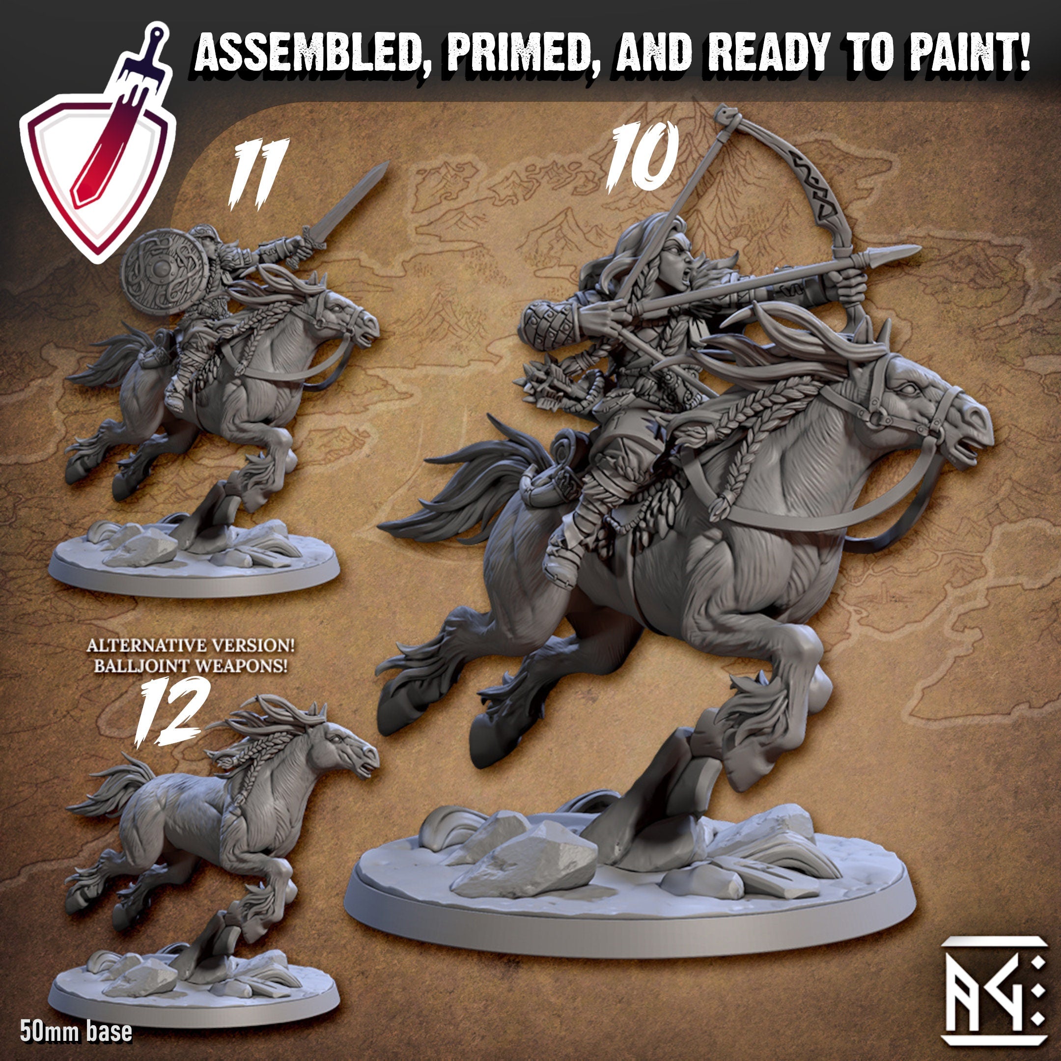Skutagaard Warhorse Riders | Miniatures by Artisan Guild | Resin Mini for Tabletop Gaming, D&D, Pathfinder, Painting | Assembled and Primed - Brush and Battle