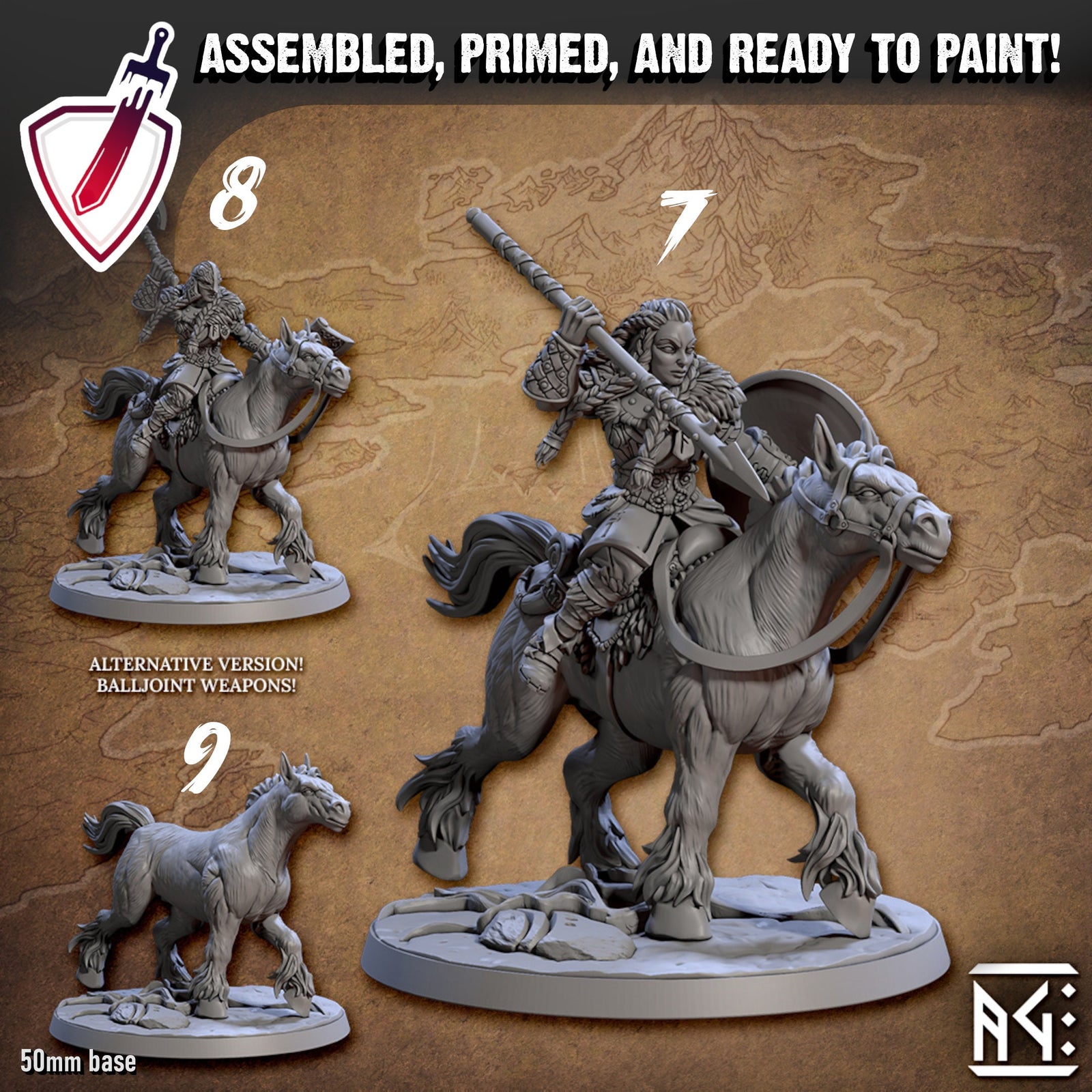 Skutagaard Warhorse Riders | Miniatures by Artisan Guild | Resin Mini for Tabletop Gaming, D&D, Pathfinder, Painting | Assembled and Primed - Brush and Battle