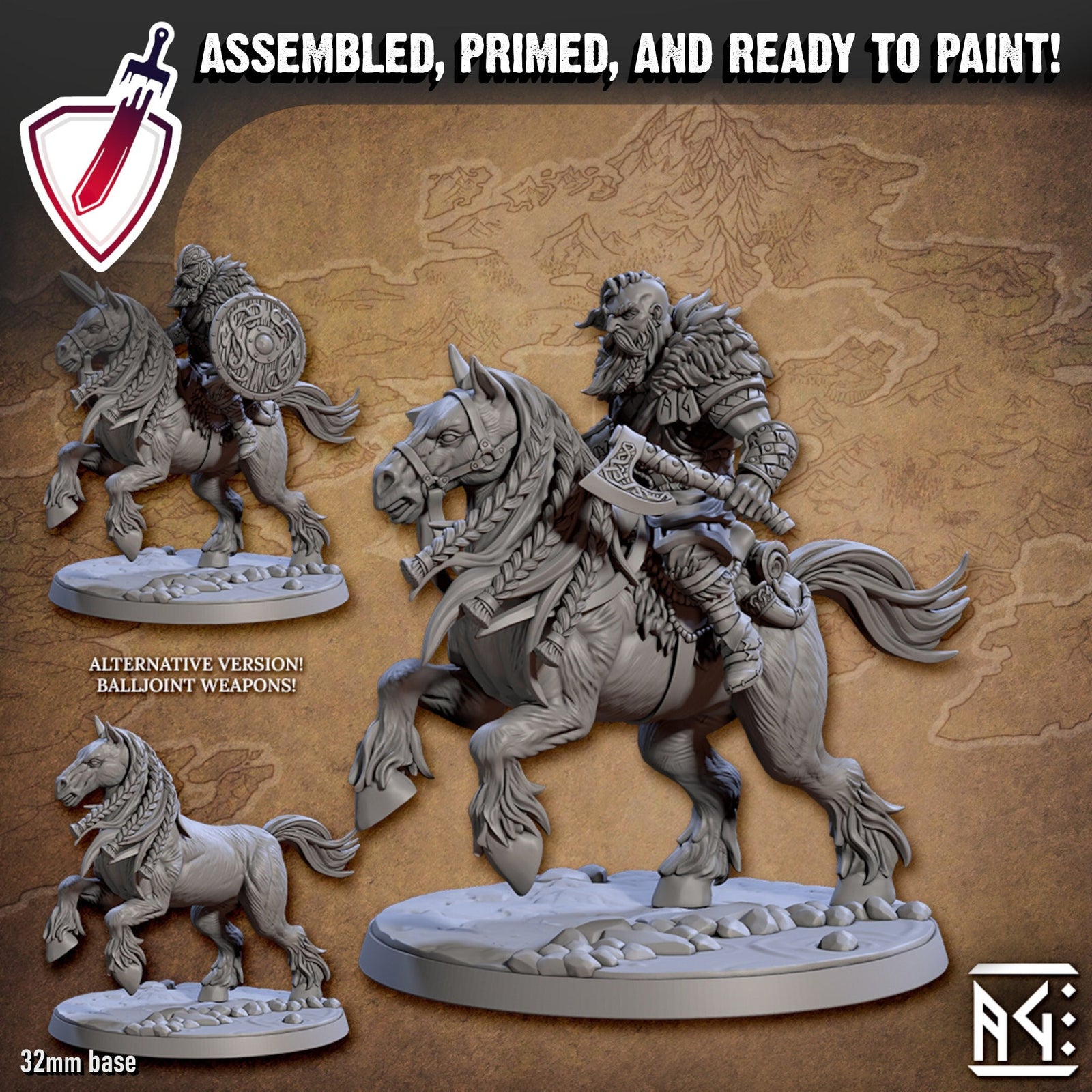 Skutagaard Warhorse Riders | Miniatures by Artisan Guild | Resin Mini for Tabletop Gaming, D&D, Pathfinder, Painting | Assembled and Primed - Brush and Battle