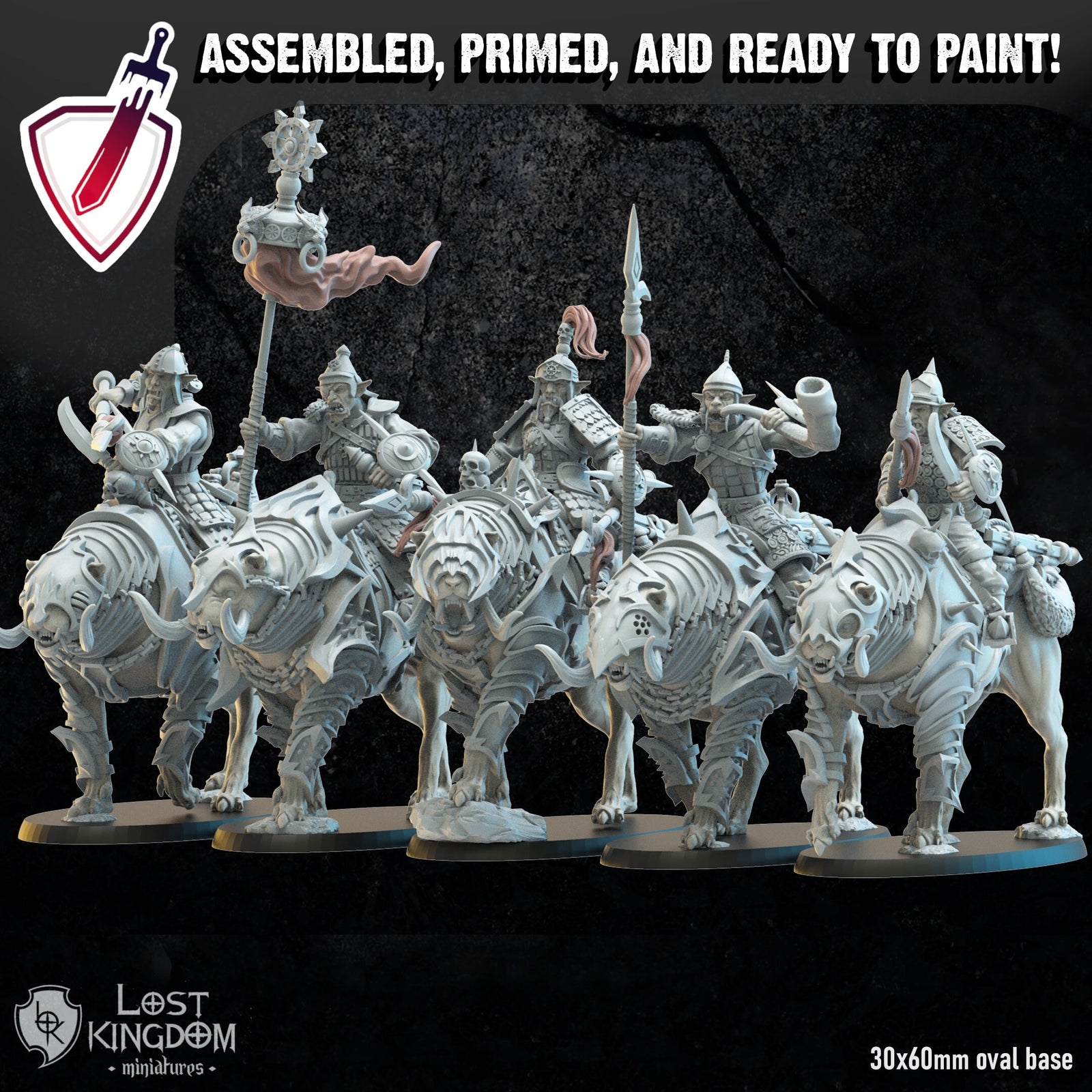 Mounted Mongobbo Spearmen | Miniatures by Lost Kingdom | For Tabletop Gaming, D&D, Pathfinder, Wargames, and Painting | Assembled and Primed - Brush and Battle