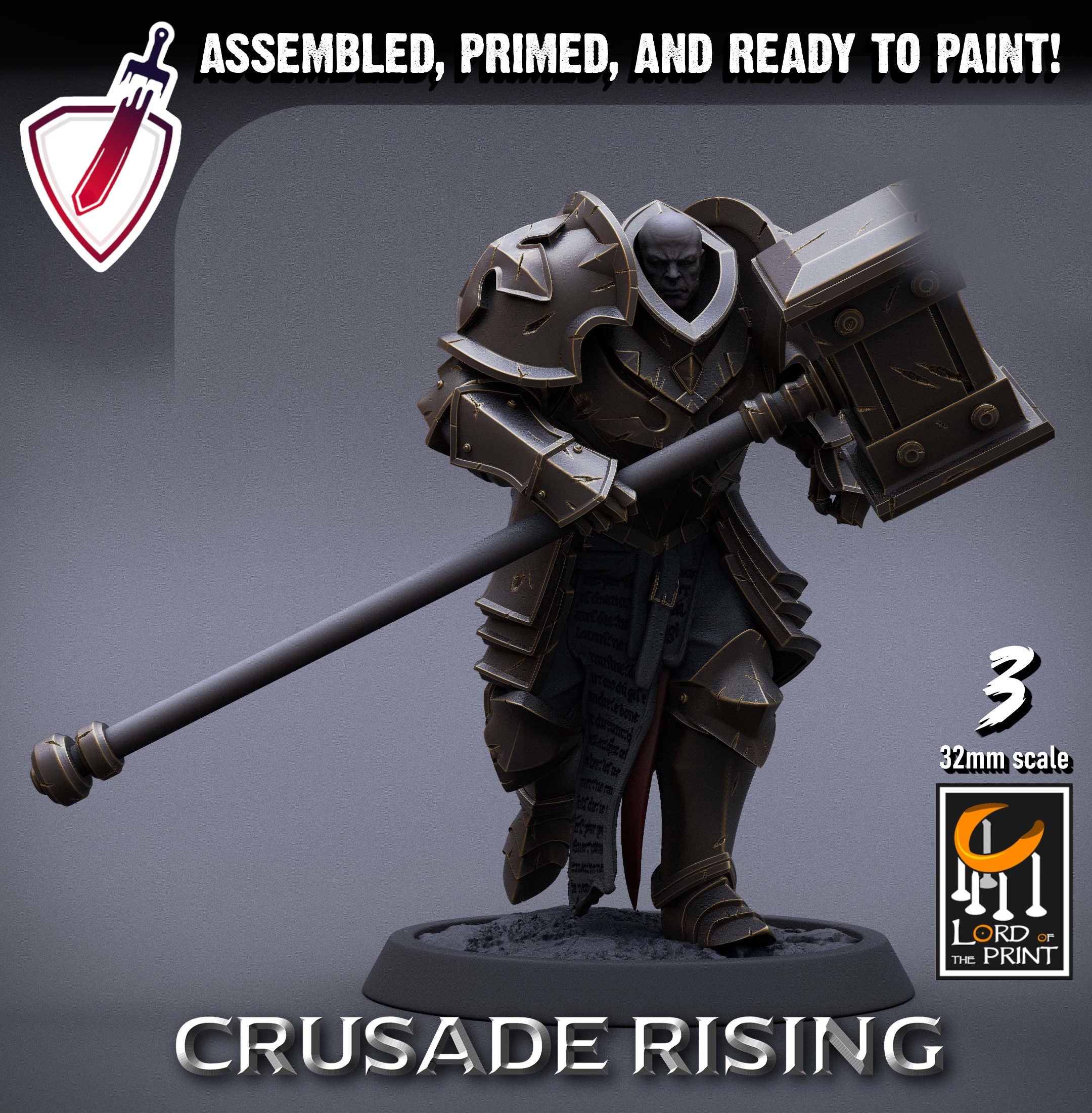 Templar Infantry - Hammer | Miniatures by Lord of the Print | Resin Mini for Tabletop Gaming, D&D, Pathfinder, Painting | Assembled + Primed - Brush and Battle