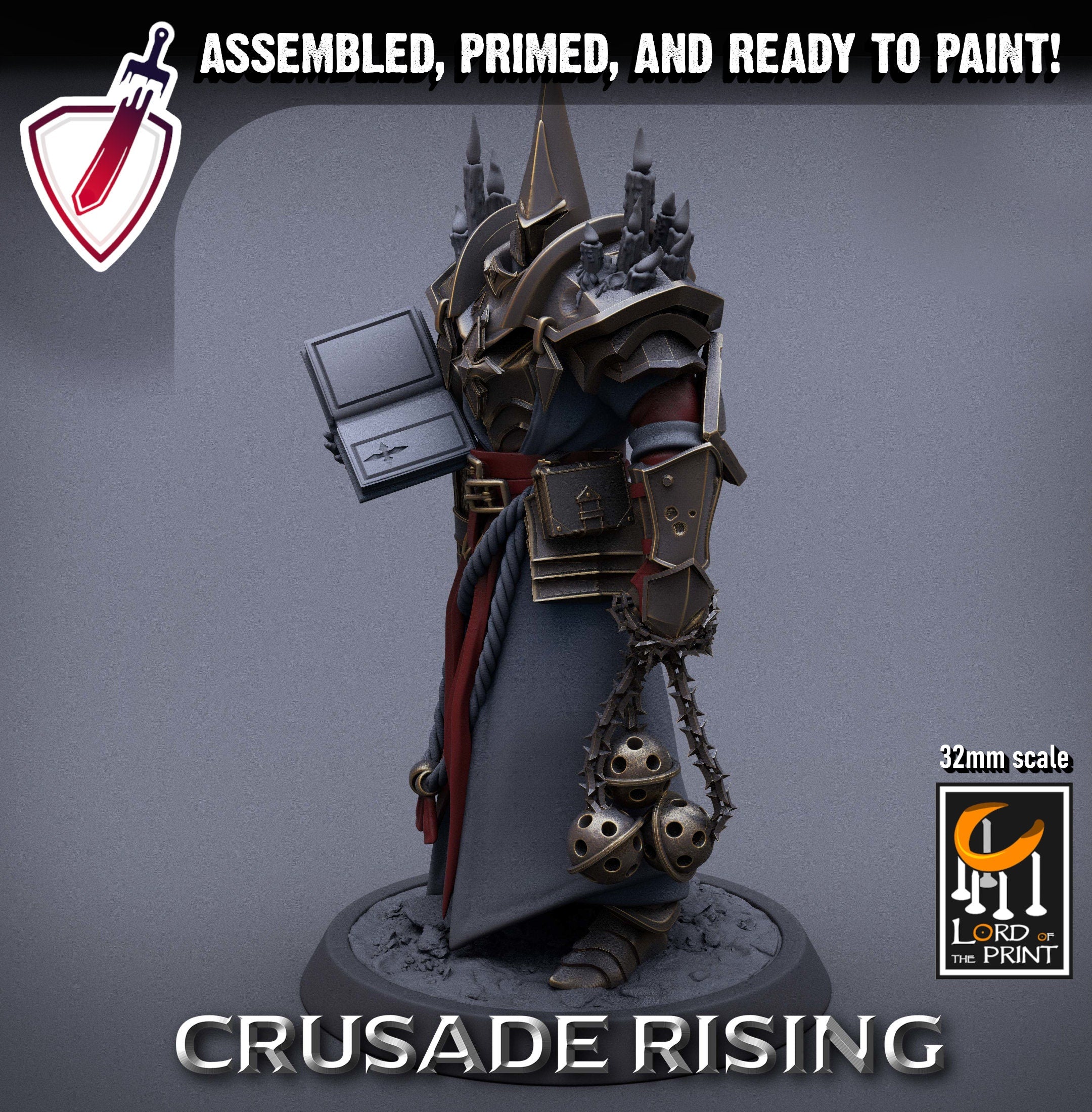 Templar Priest | Miniature by Lord of the Print | Resin Mini for Tabletop Gaming, D&D, Pathfinder, Painting | Assembled + Primed - Brush and Battle