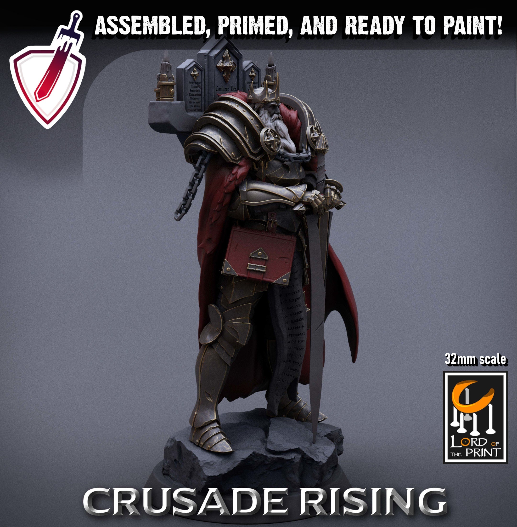 Templar King | Miniature by Lord of the Print | Resin Mini for Tabletop Gaming, D&D, Pathfinder, Painting | Assembled + Primed - Brush and Battle