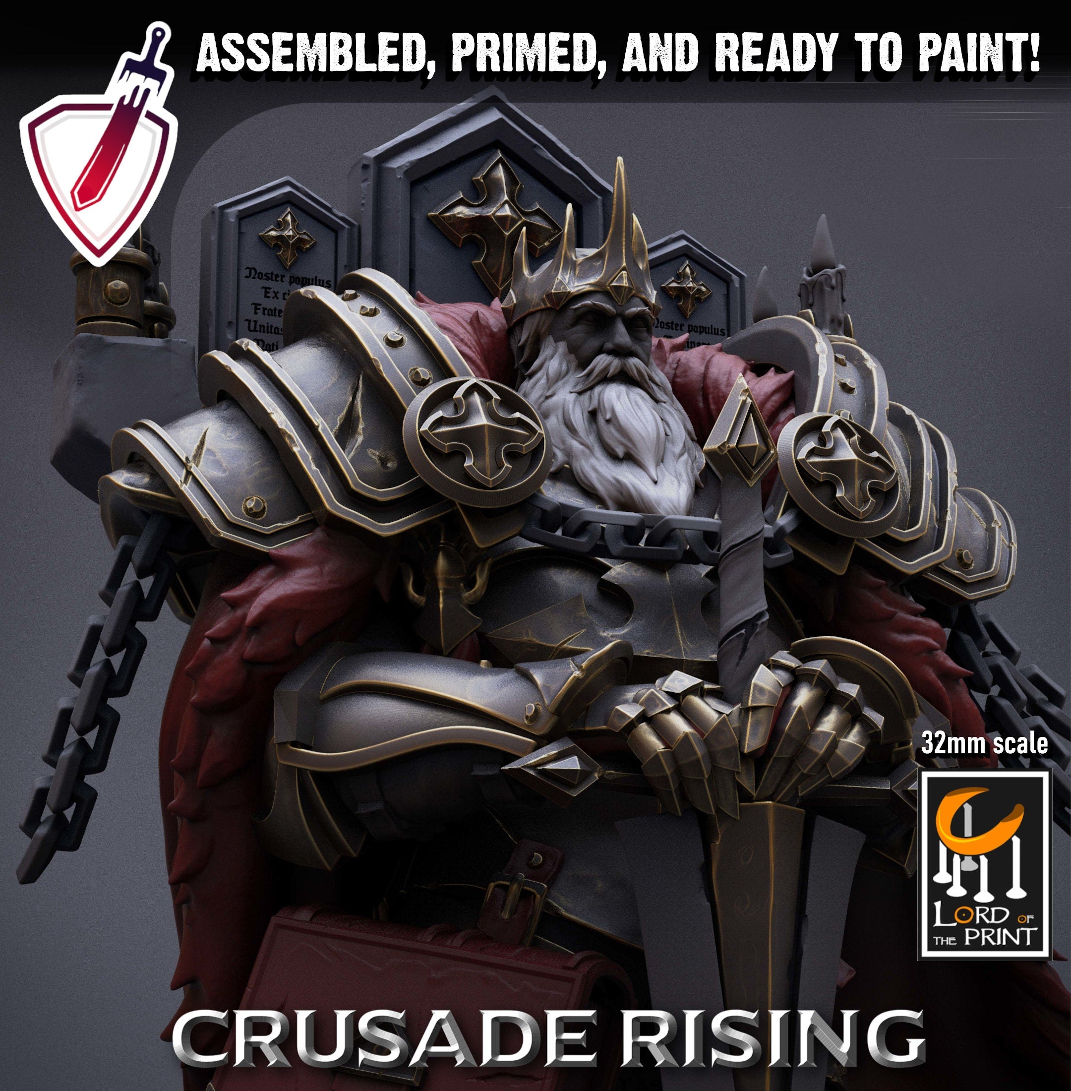 Templar King | Miniature by Lord of the Print | Resin Mini for Tabletop Gaming, D&D, Pathfinder, Painting | Assembled + Primed - Brush and Battle