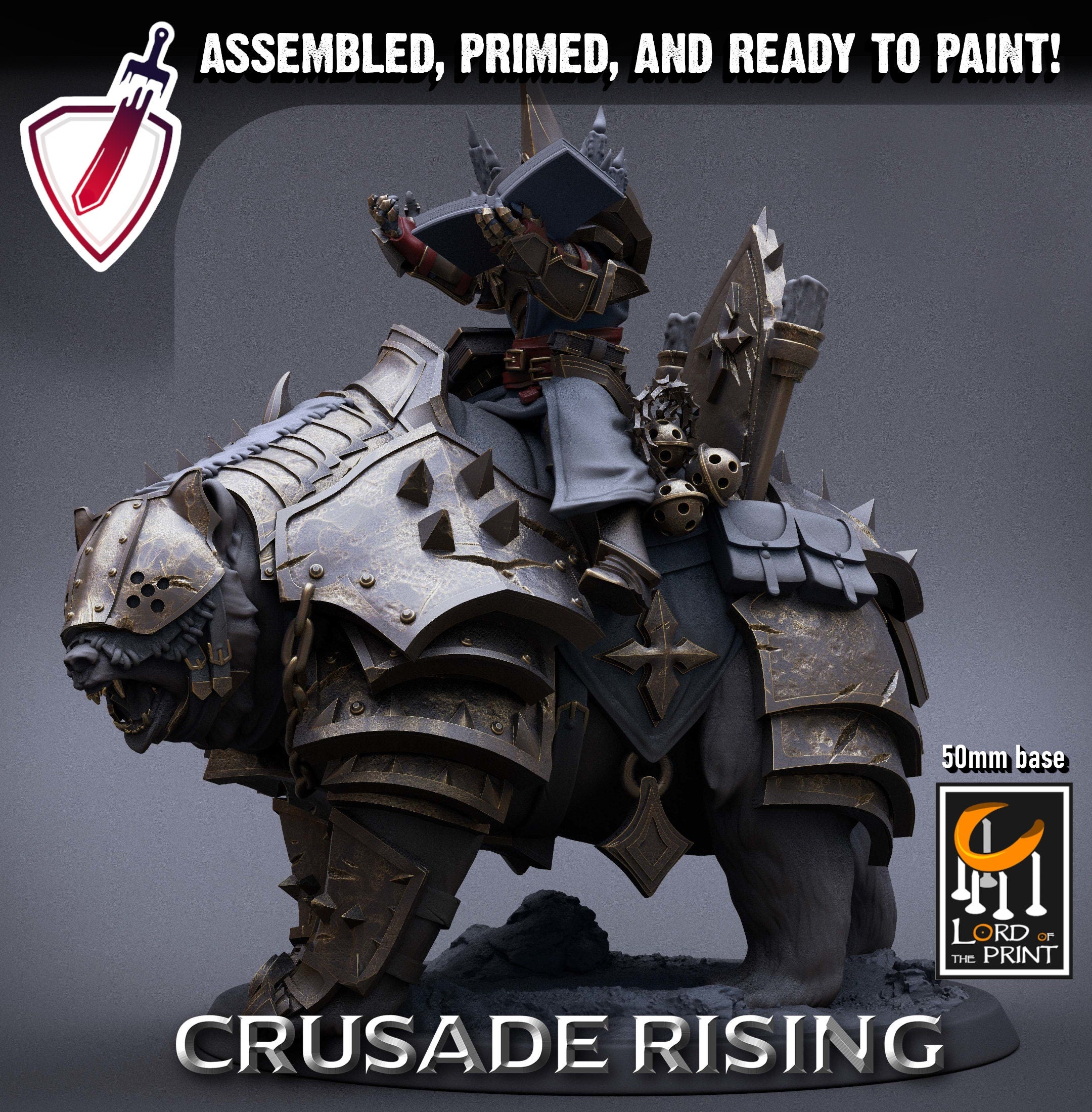 Mounted Templar Priest | Miniature by Lord of the Print | Resin Mini for Tabletop Gaming, D&D, Pathfinder, Painting | Assembled and Primed - Brush and Battle