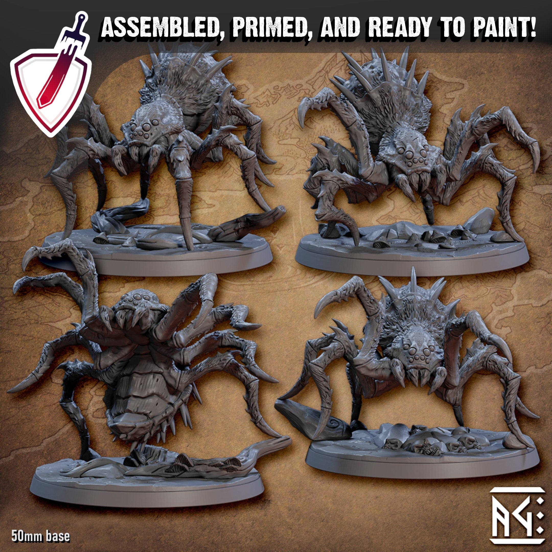 Faldorn Giant Spiders | Miniatures by Artisan Guild | Resin Mini for Tabletop Gaming, D&D, Pathfinder, and Painting | Assembled and Primed - Brush and Battle