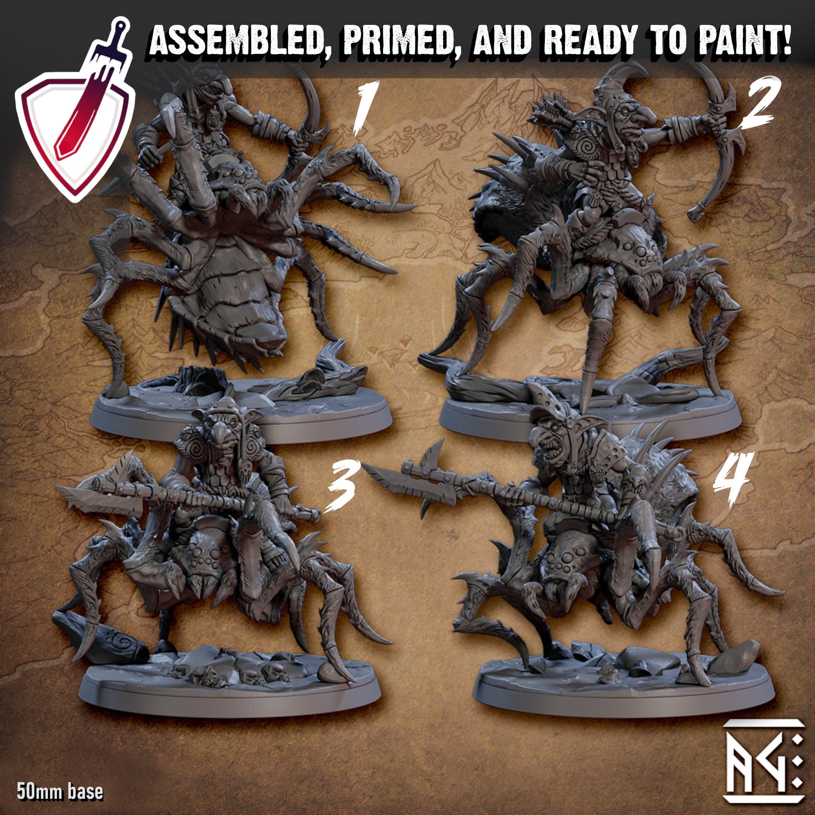 Faldorn Spider Riders | Miniatures by Artisan Guild | Resin Mini for Tabletop Gaming, D&D, Pathfinder, and Painting | Assembled and Primed - Brush and Battle