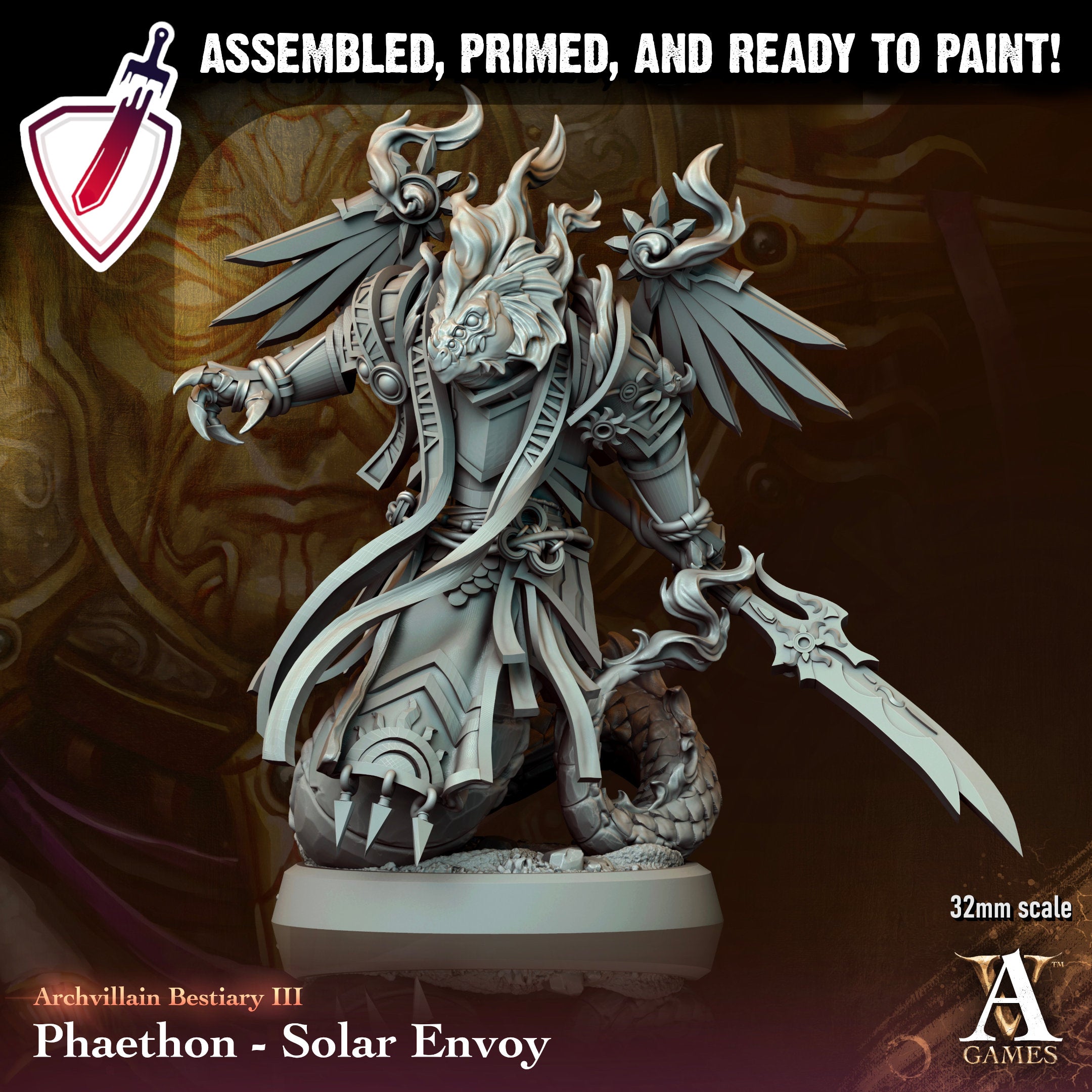 Phaethon - Solar Envoy | Miniature by Archvillain Games | Resin Mini for Tabletop Gaming, D&D, Pathfinder, Painting | Assembled and Primed - Brush and Battle