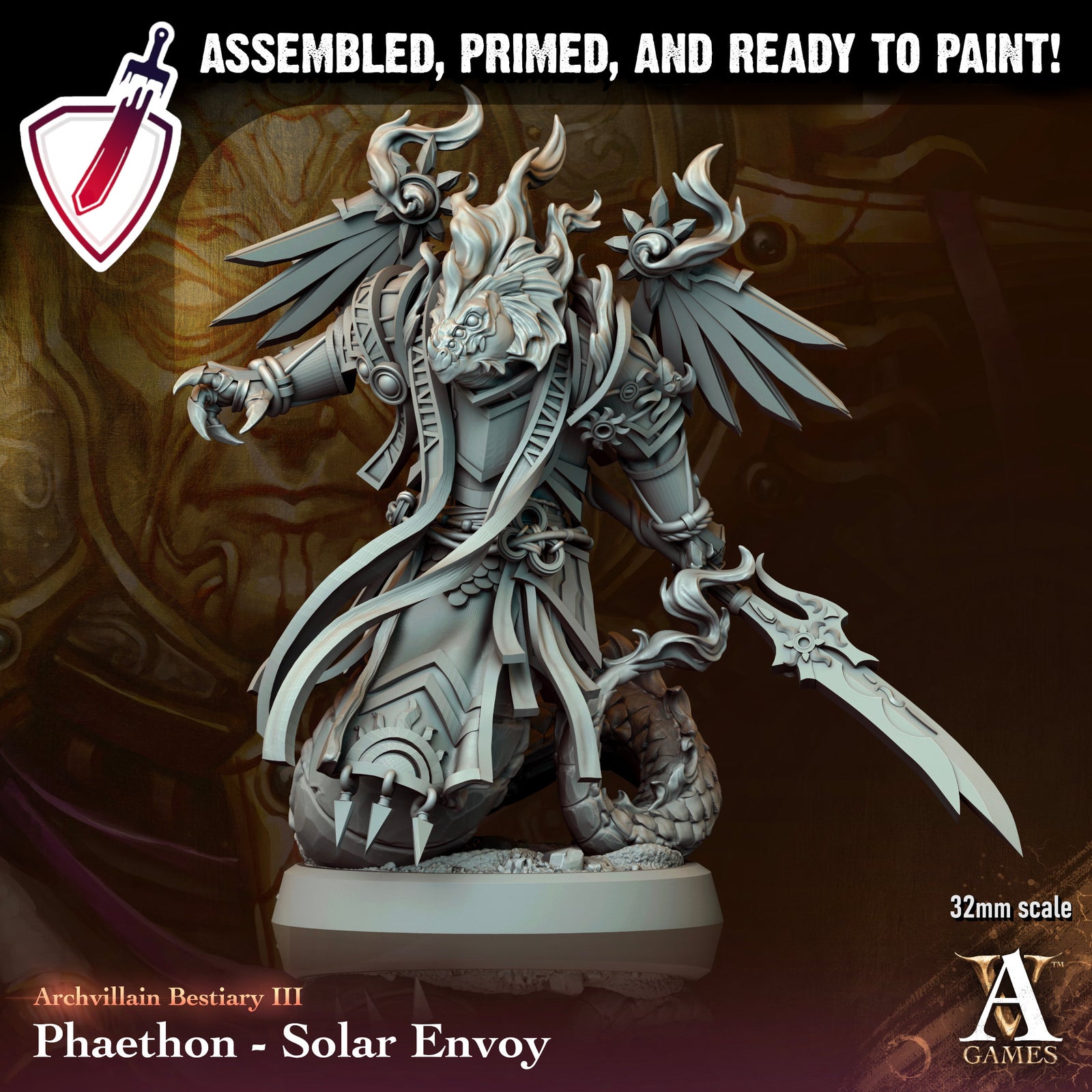 Phaethon - Solar Envoy | Miniature by Archvillain Games | Resin Mini for Tabletop Gaming, D&D, Pathfinder, Painting | Assembled and Primed - Brush and Battle