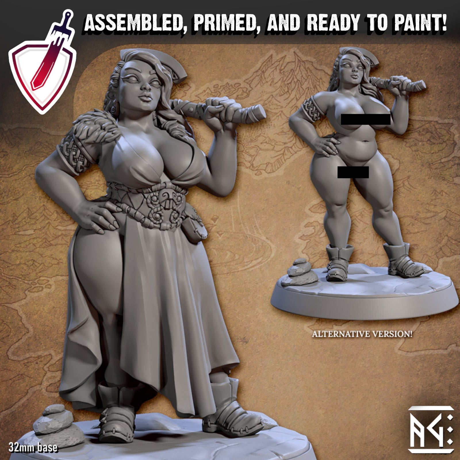 Alfhild - Northwoman Pinup | Miniature by Artisan Guild | Resin Mini for Tabletop Gaming, D&D, Pathfinder, Painting | Assembled and Primed - Brush and Battle