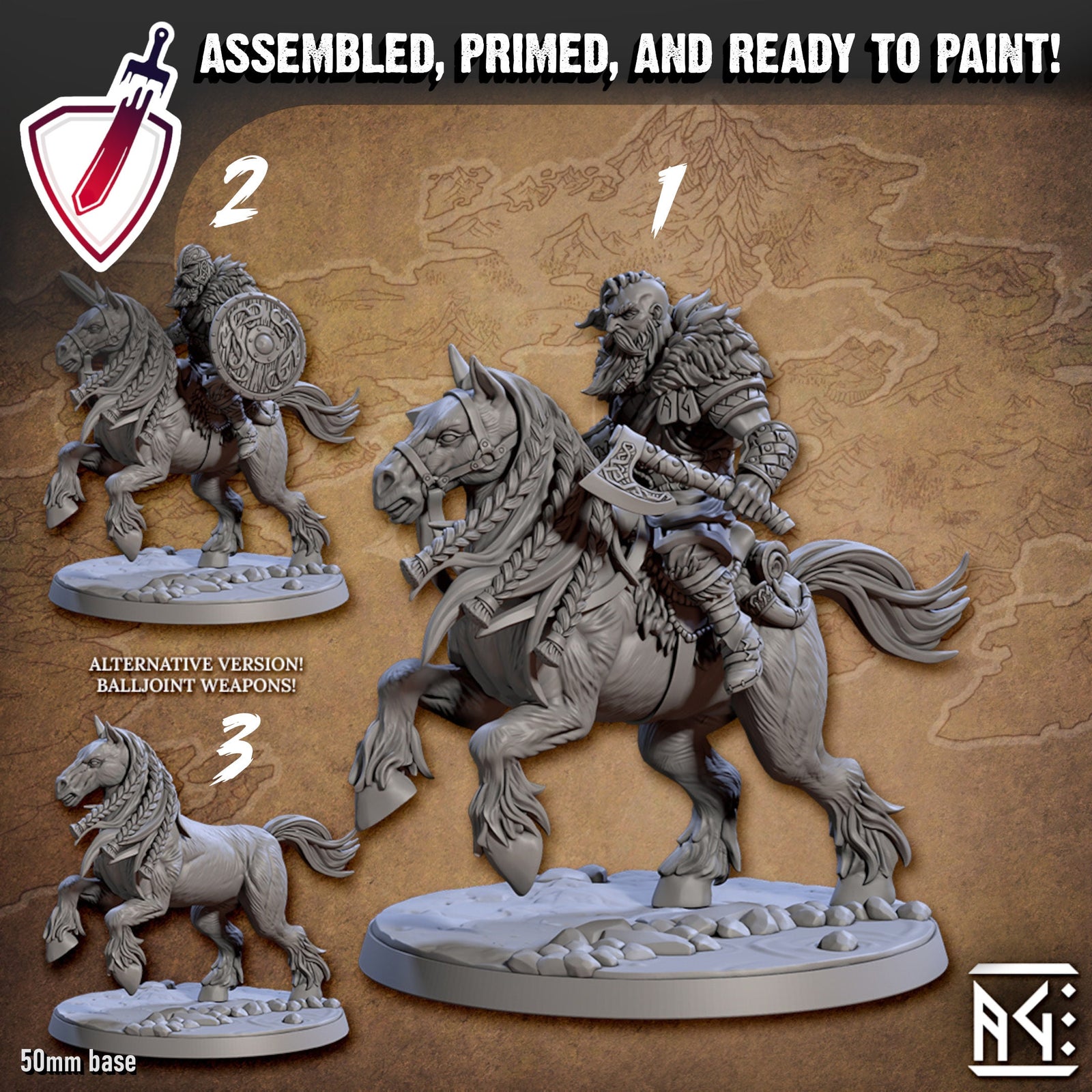 Skutagaard Warhorse Riders | Miniatures by Artisan Guild | Resin Mini for Tabletop Gaming, D&D, Pathfinder, Painting | Assembled and Primed - Brush and Battle