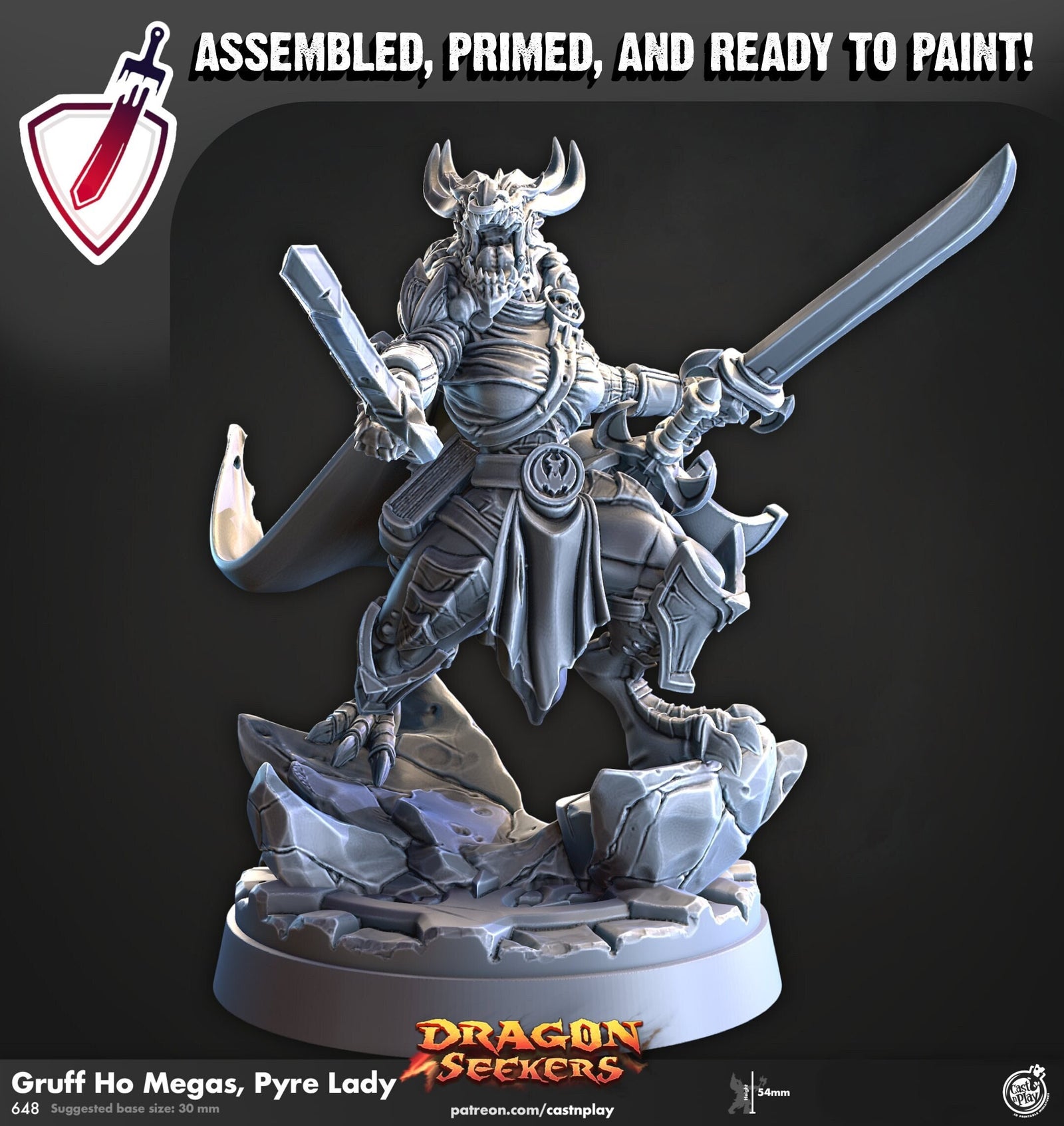 Gruff Ho Megas Pyre Lady | Miniature by Cast n Play | Resin Mini For Tabletop Gaming, D&D, Pathfinder, and Painting | Assembled and Primed - Brush and Battle