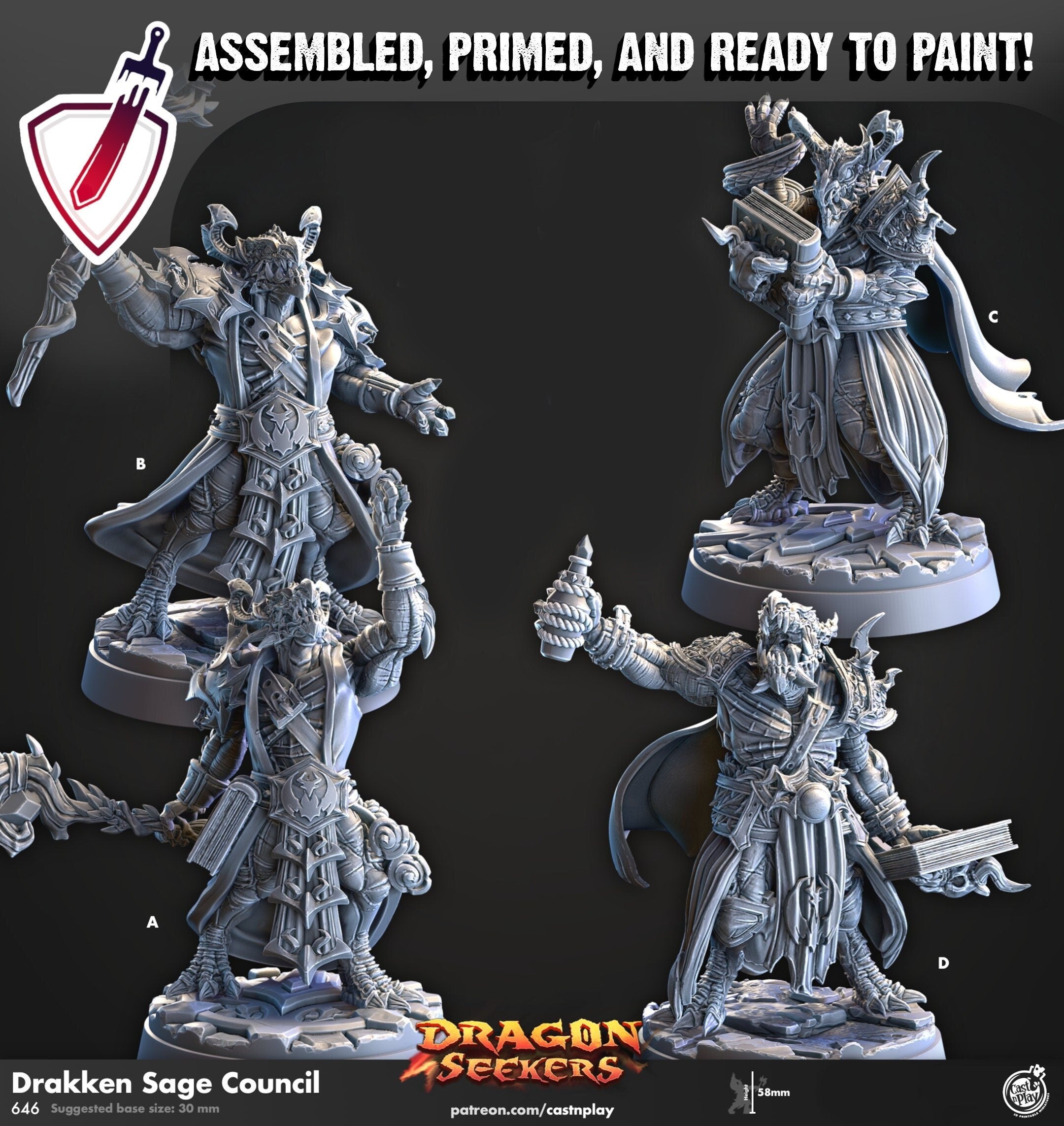Drakken Sage Council | Miniatures by Cast n Play | Resin Mini For Tabletop Gaming, D&D, Pathfinder, and Painting | Assembled and Primed - Brush and Battle