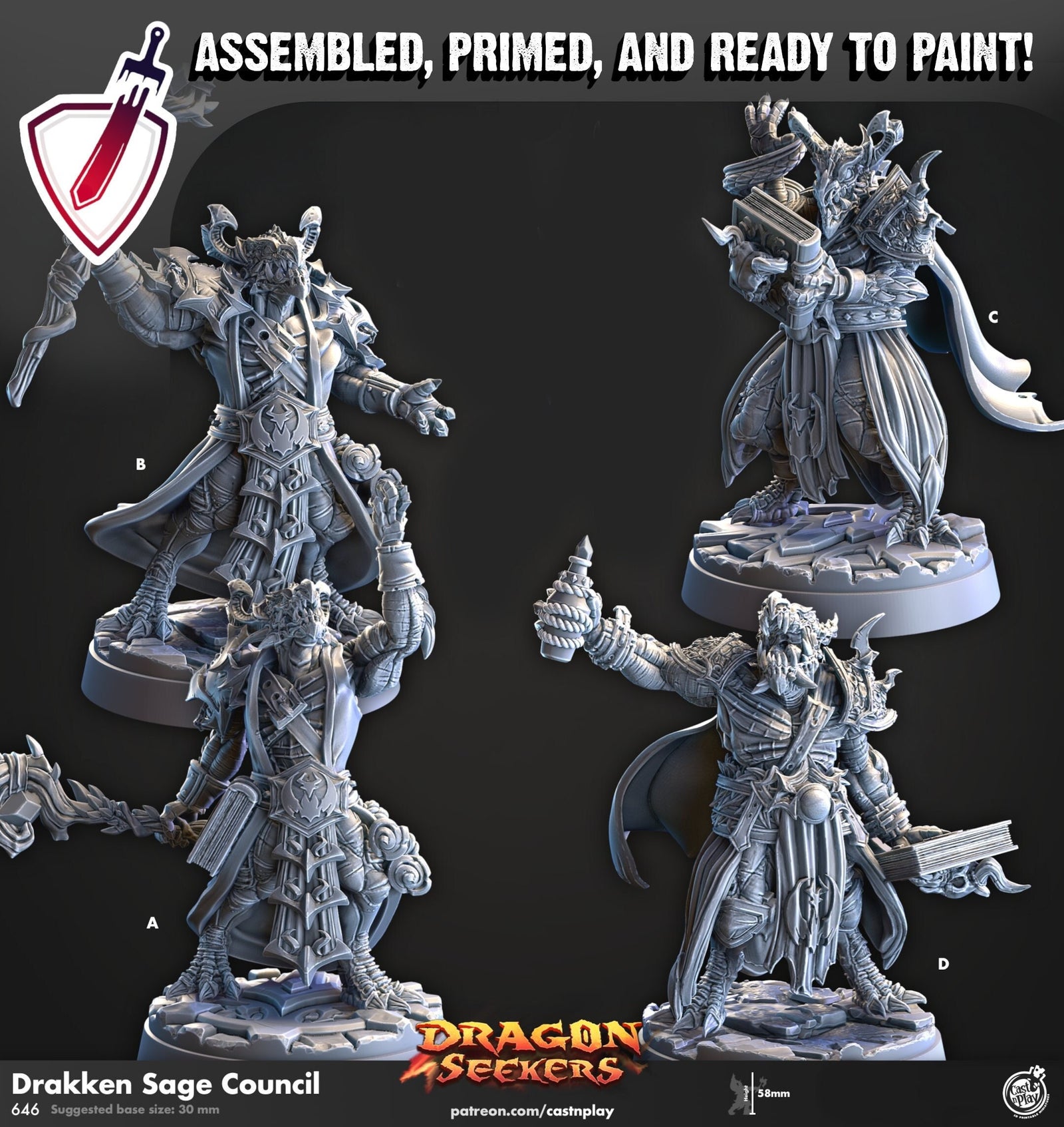Drakken Sage Council | Miniatures by Cast n Play | Resin Mini For Tabletop Gaming, D&D, Pathfinder, and Painting | Assembled and Primed - Brush and Battle