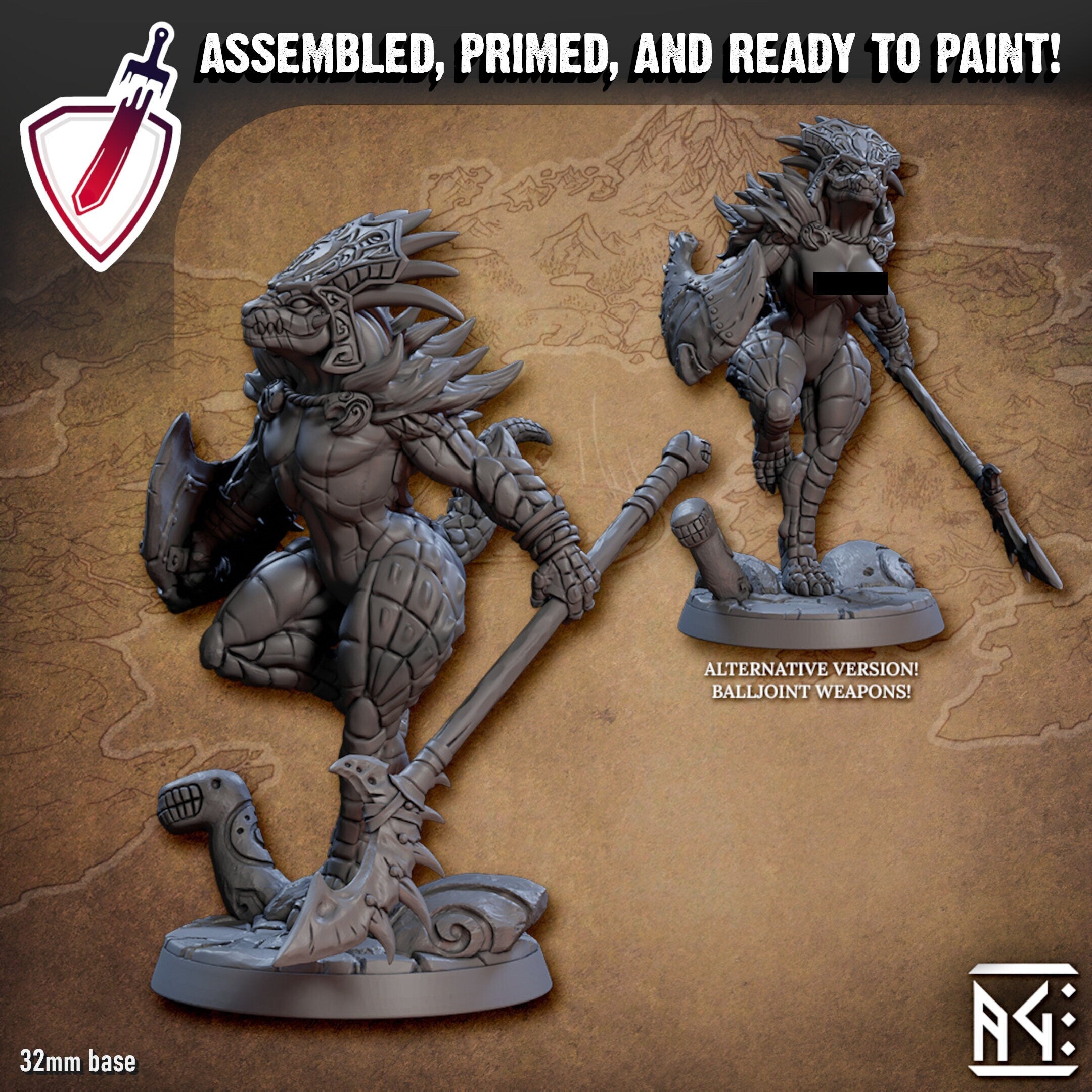Skaala - Lizard Pinup | Miniature by Artisan Guild | Resin Mini for Tabletop Gaming, D&D, Pathfinder, Painting | Assembled and Primed - Brush and Battle