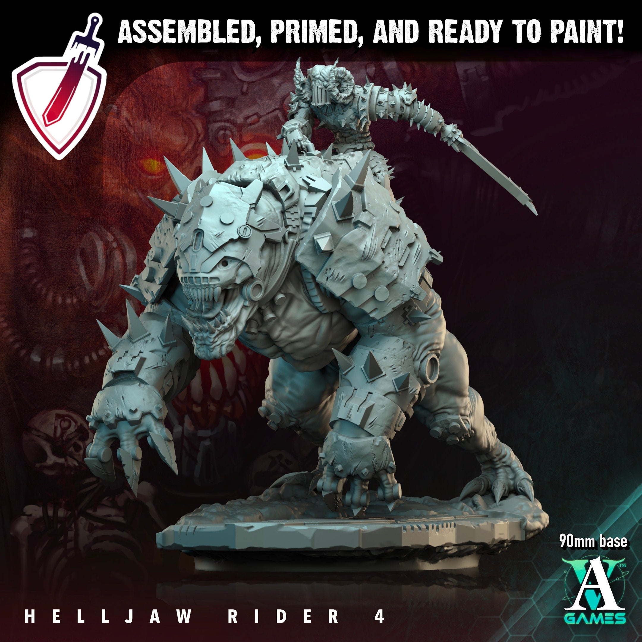 Helljaw Rider | Miniatures by Archvillain Games | Resin Mini for Tabletop Gaming, D&D, Wargaming, and Painting | Assembled and Primed - Brush and Battle